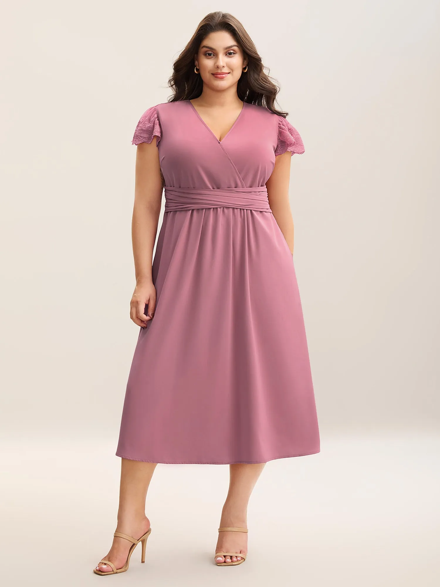 Flutter Sleeve Lace Stretchy Waist Midi Dress sold by Bloomchic