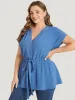 Solid Drawstring Notched Batwing Sleeve Button Up Blouse sold by Bloomchic