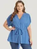 Solid Drawstring Notched Batwing Sleeve Button Up Blouse sold by Bloomchic