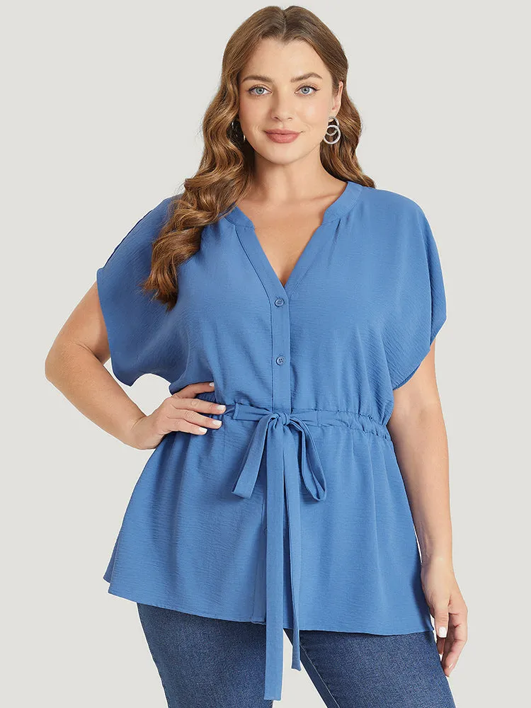 Solid Drawstring Notched Batwing Sleeve Button Up Blouse sold by Bloomchic