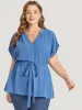 Solid Drawstring Notched Batwing Sleeve Button Up Blouse sold by Bloomchic