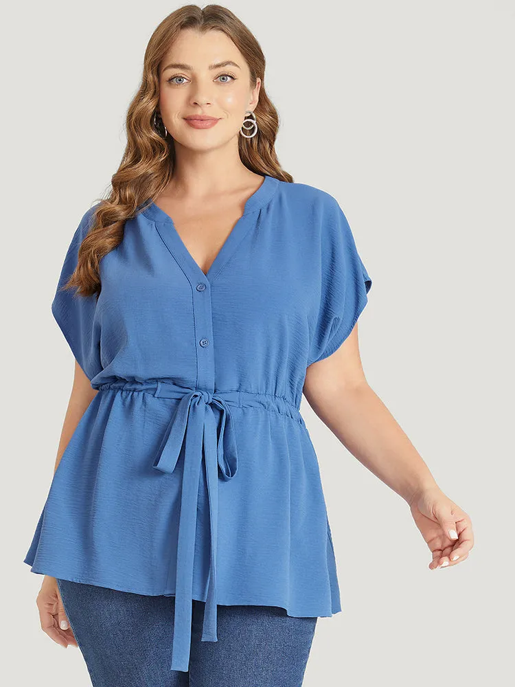 Solid Drawstring Notched Batwing Sleeve Button Up Blouse sold by Bloomchic product image thumbnail 3