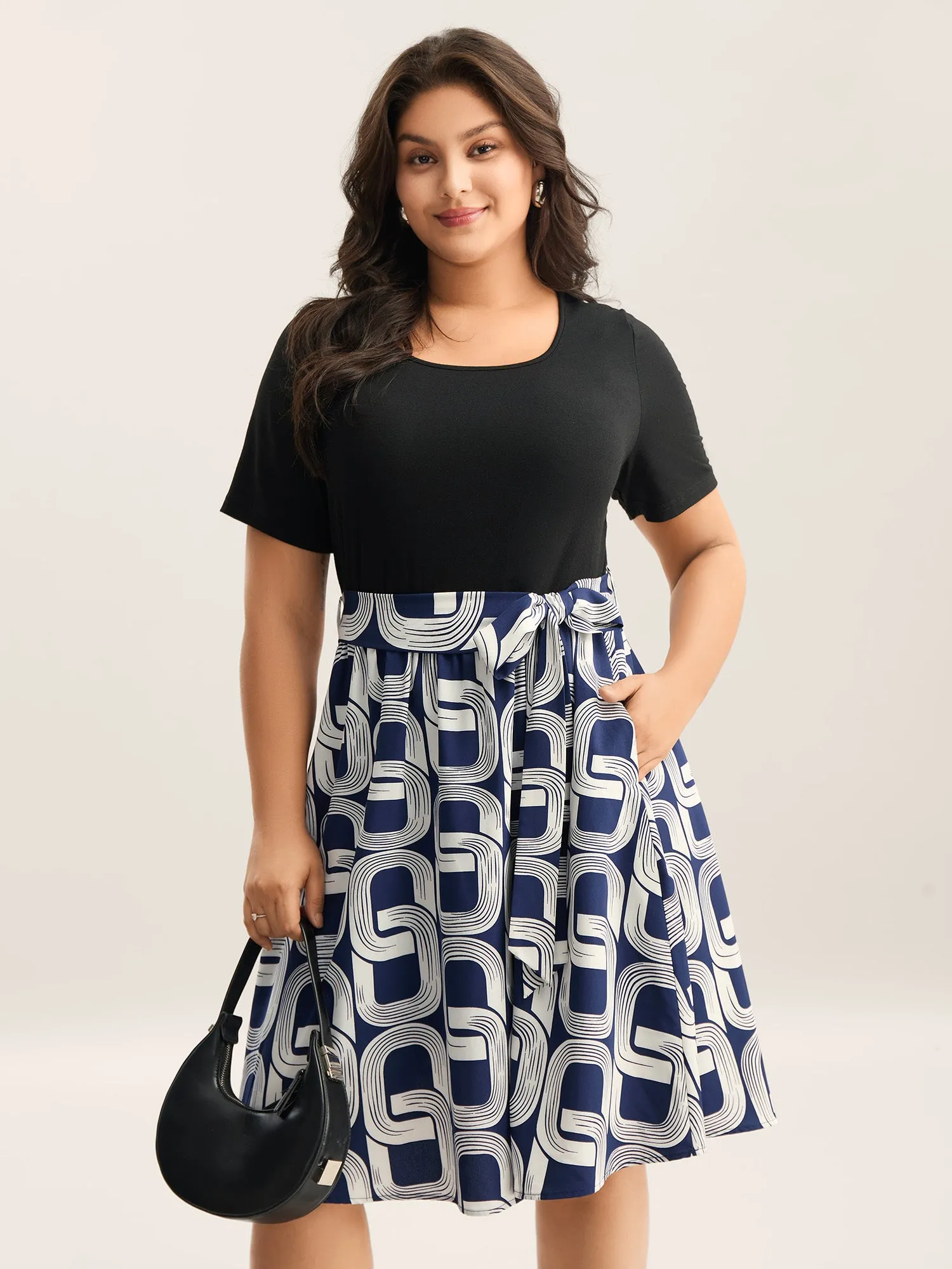 Abstract Pattern Color Contrast Belted Midi Dress sold by Bloomchic