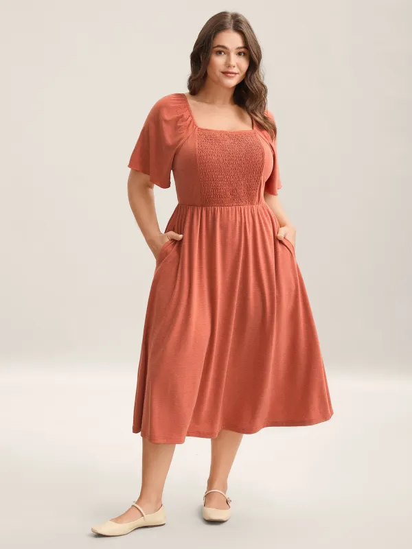 Stretchy Shirred Back Tie-Up Midi Dress sold by Bloomchic