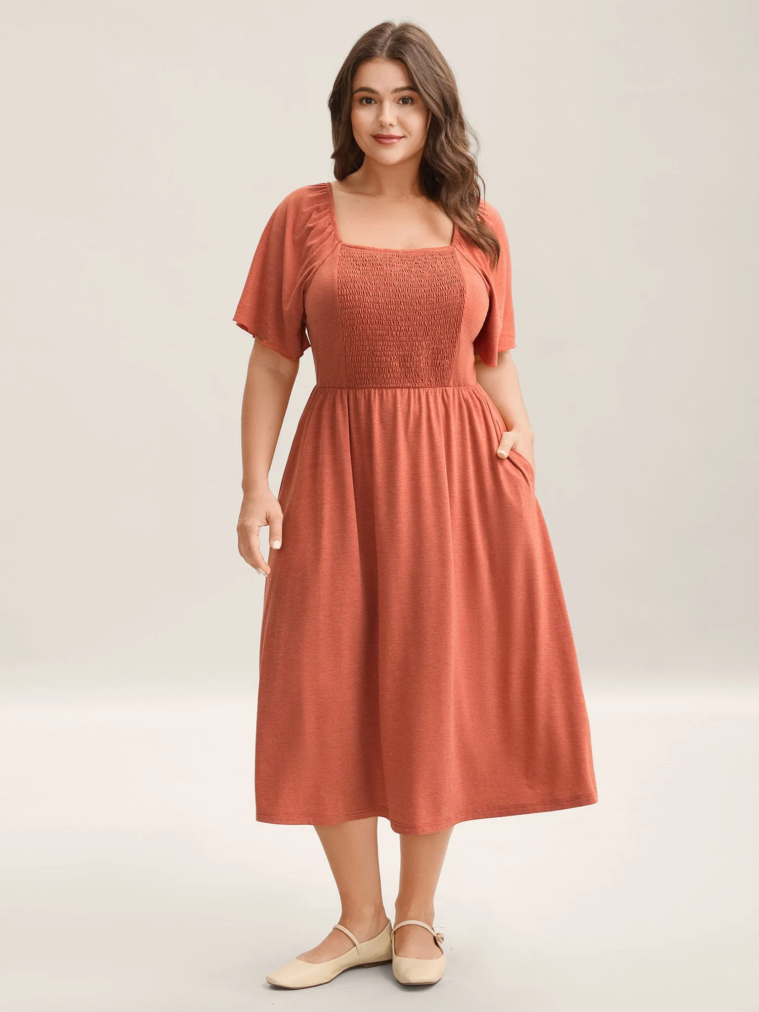 Stretchy Shirred Back Tie-Up Midi Dress sold by Bloomchic product image thumbnail 3