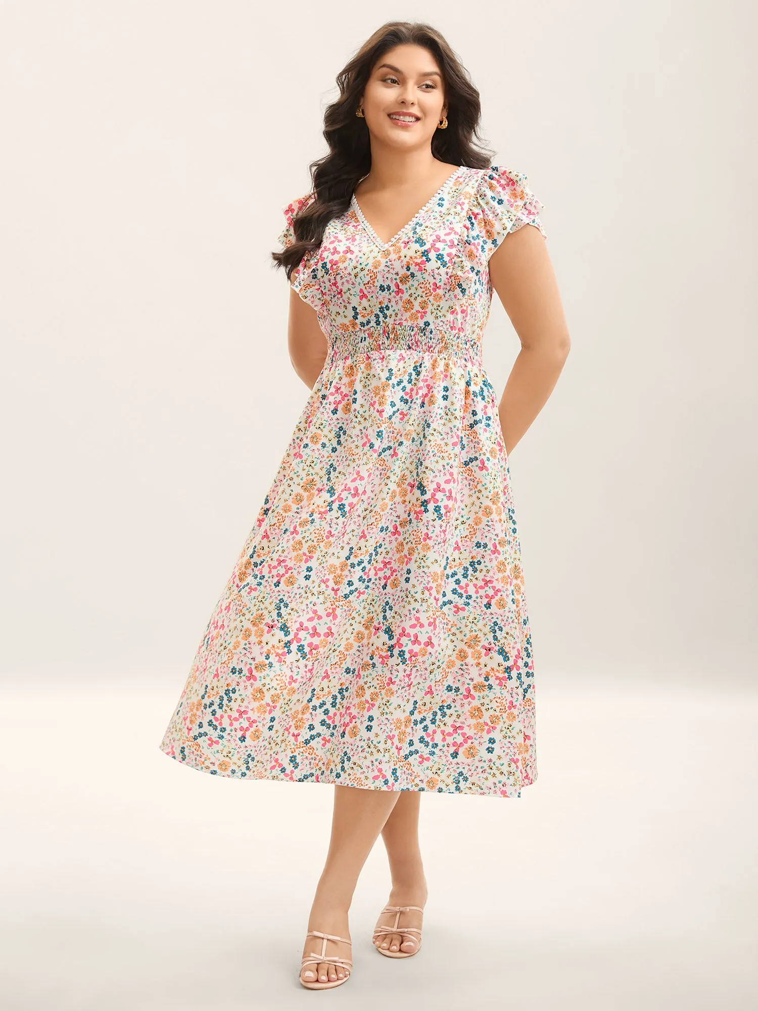 Sweet Floral Print Lace Neck Midi Dress sold by Bloomchic