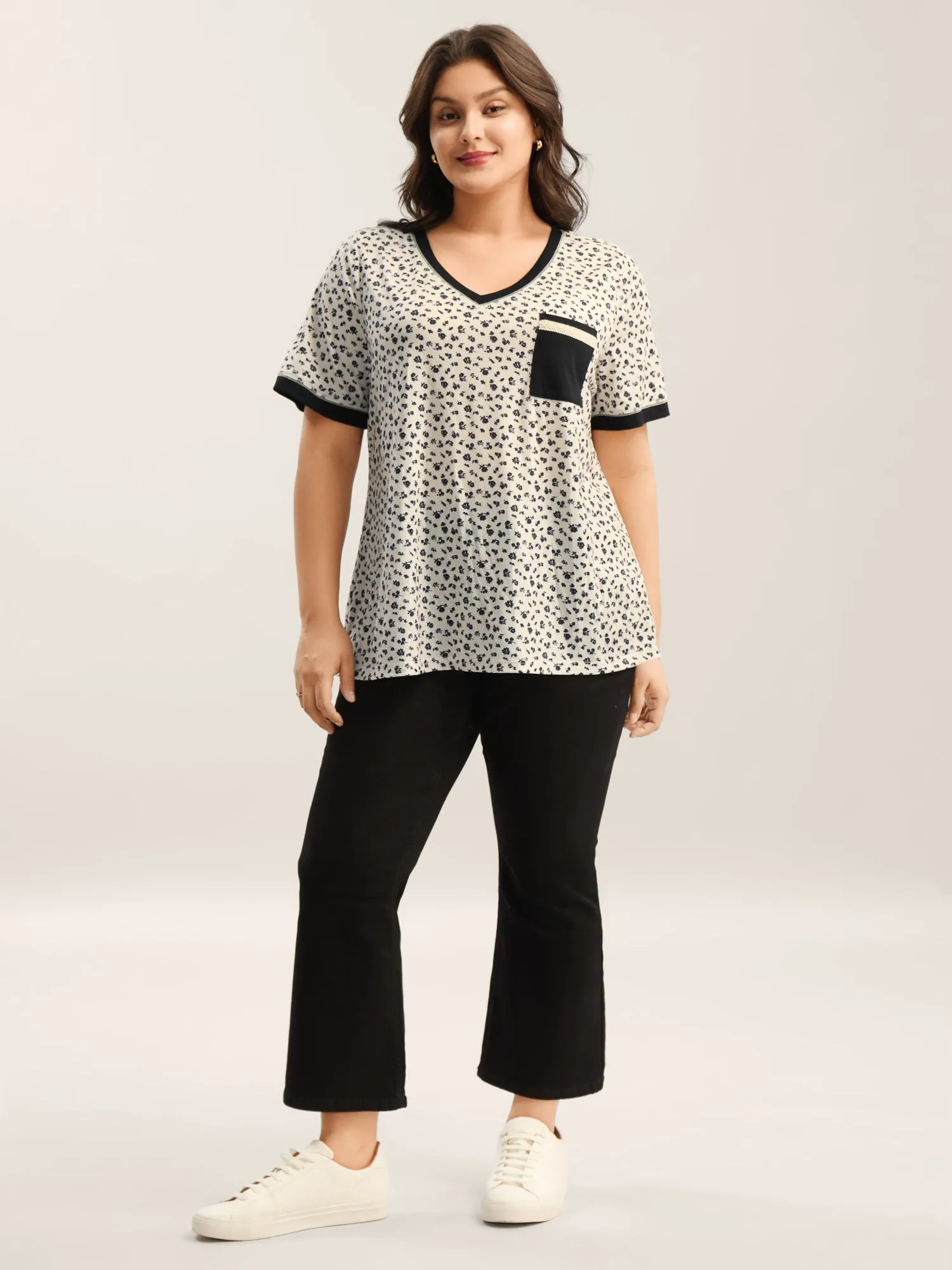 Stretchy Delicate Floral Print Contrast T-Shirt sold by Bloomchic product image thumbnail 4