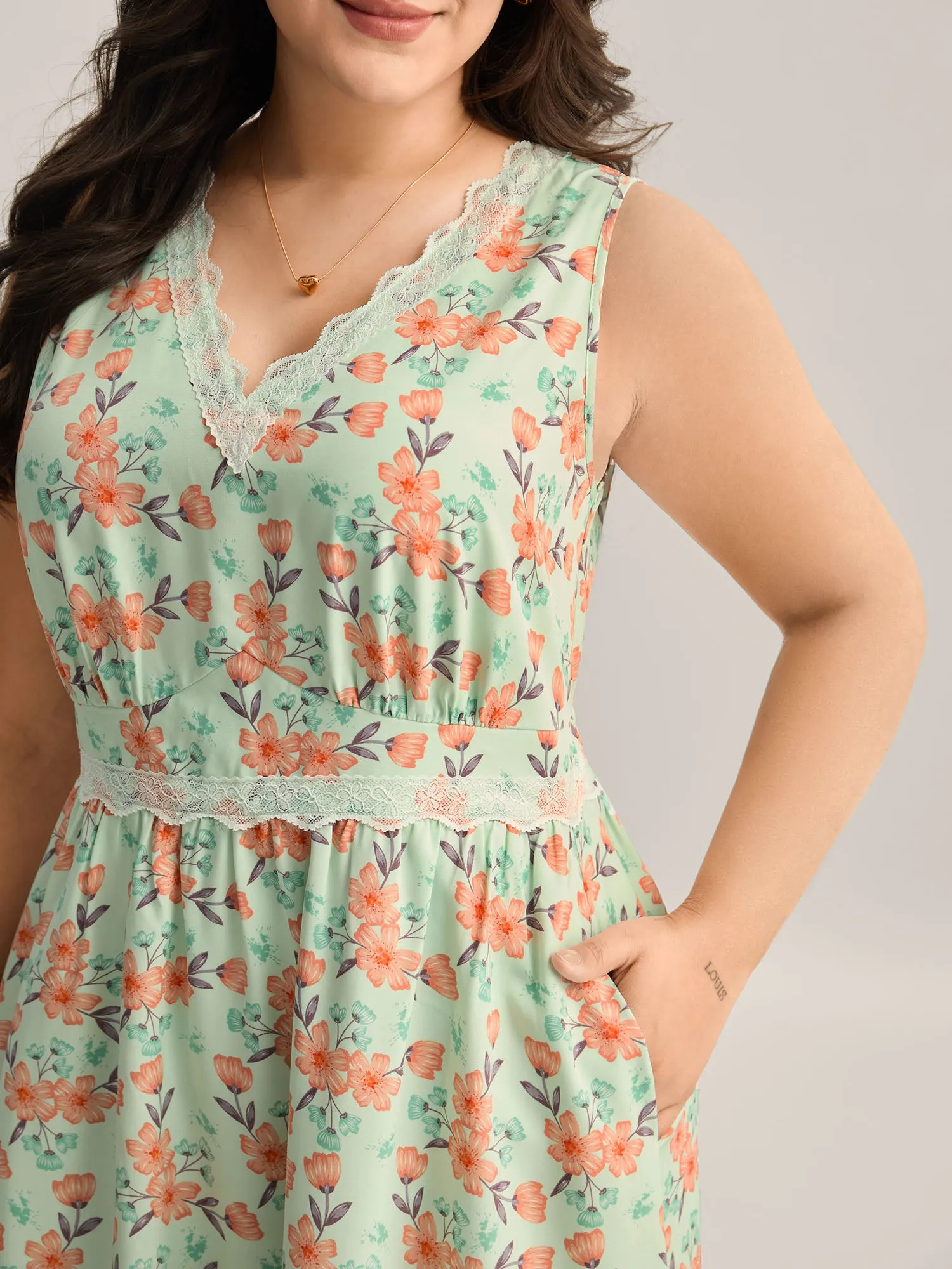 Breezy Floral Print Lace Trim Midi Dress sold by Bloomchic