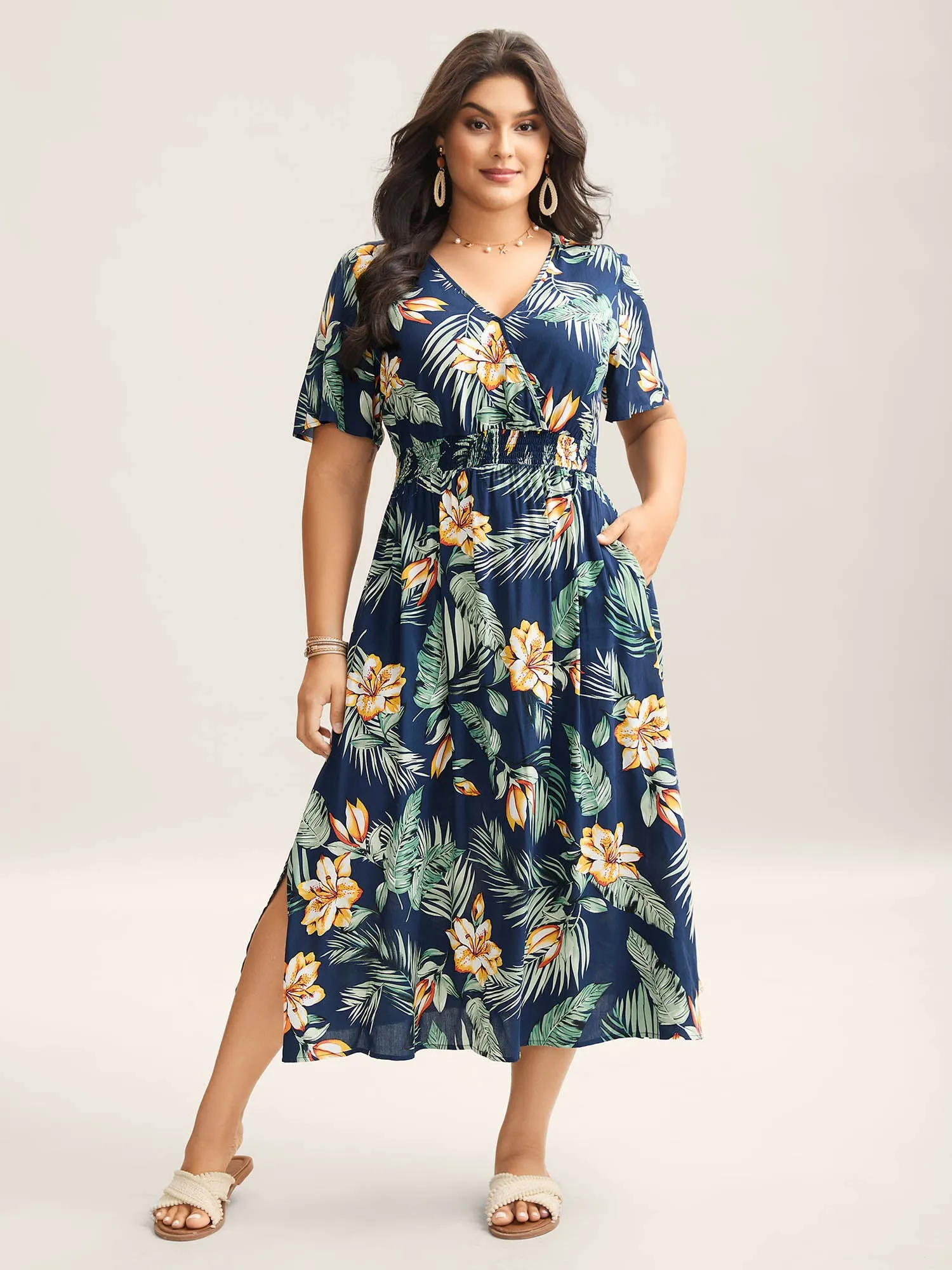 Tropical Floral Print Shirred Waist Midi Dress sold by Bloomchic