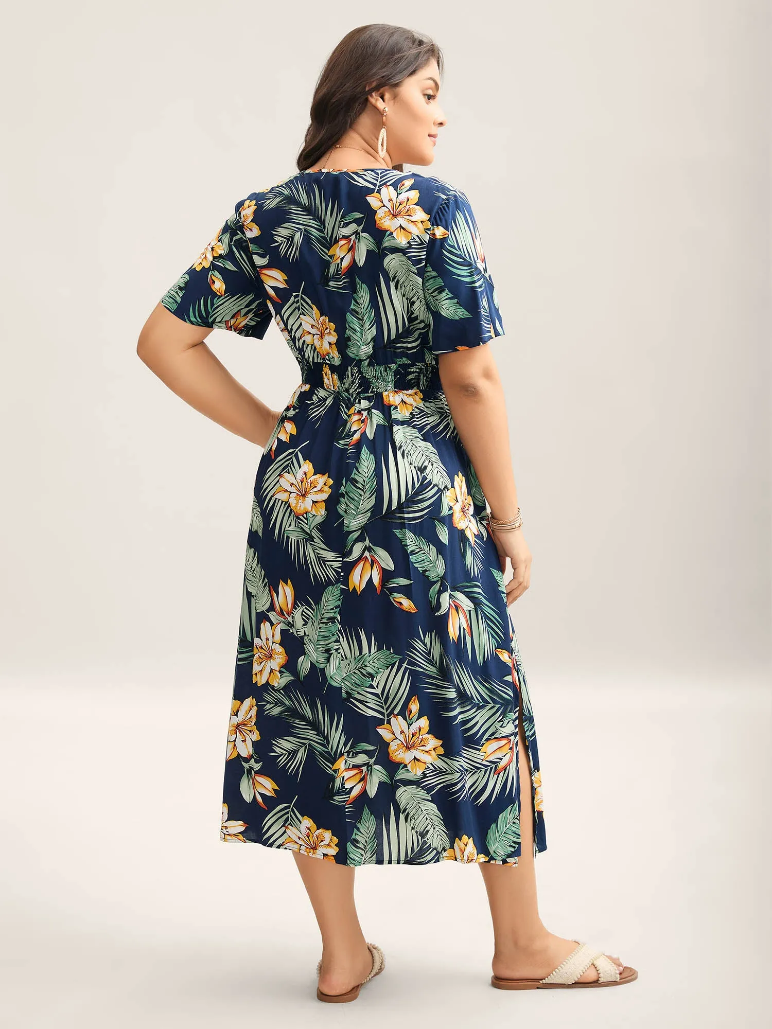 Tropical Floral Print Shirred Waist Midi Dress sold by Bloomchic product image thumbnail 4