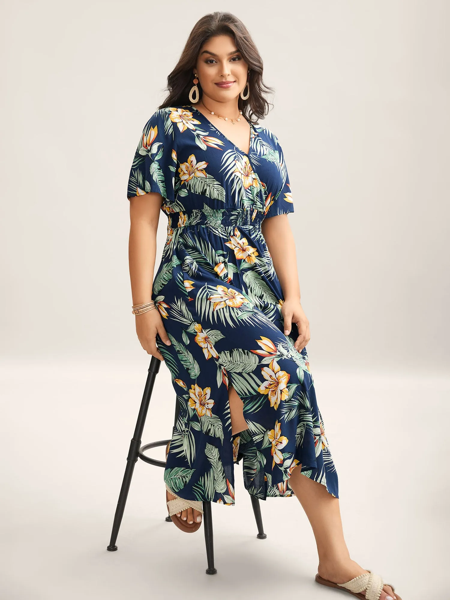 Tropical Floral Print Shirred Waist Midi Dress sold by Bloomchic product image thumbnail 3