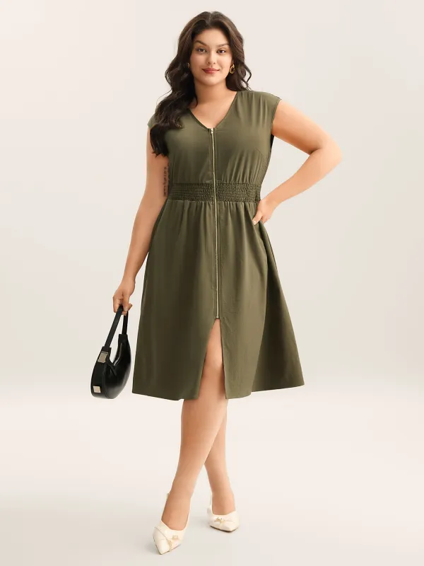 Zipper Front Woven A-Line Midi Skirt sold by Bloomchic