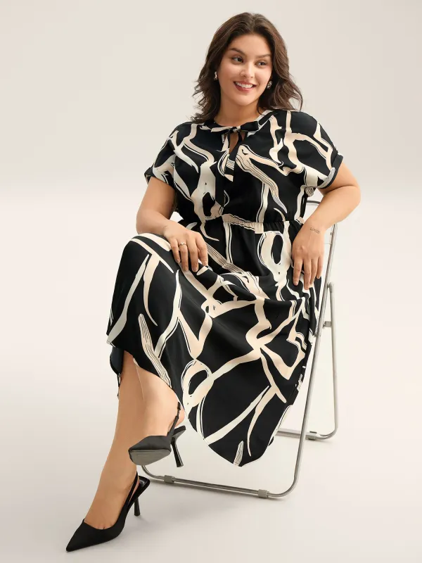Abstract Print Ribbon Collar Midi Dress sold by Bloomchic