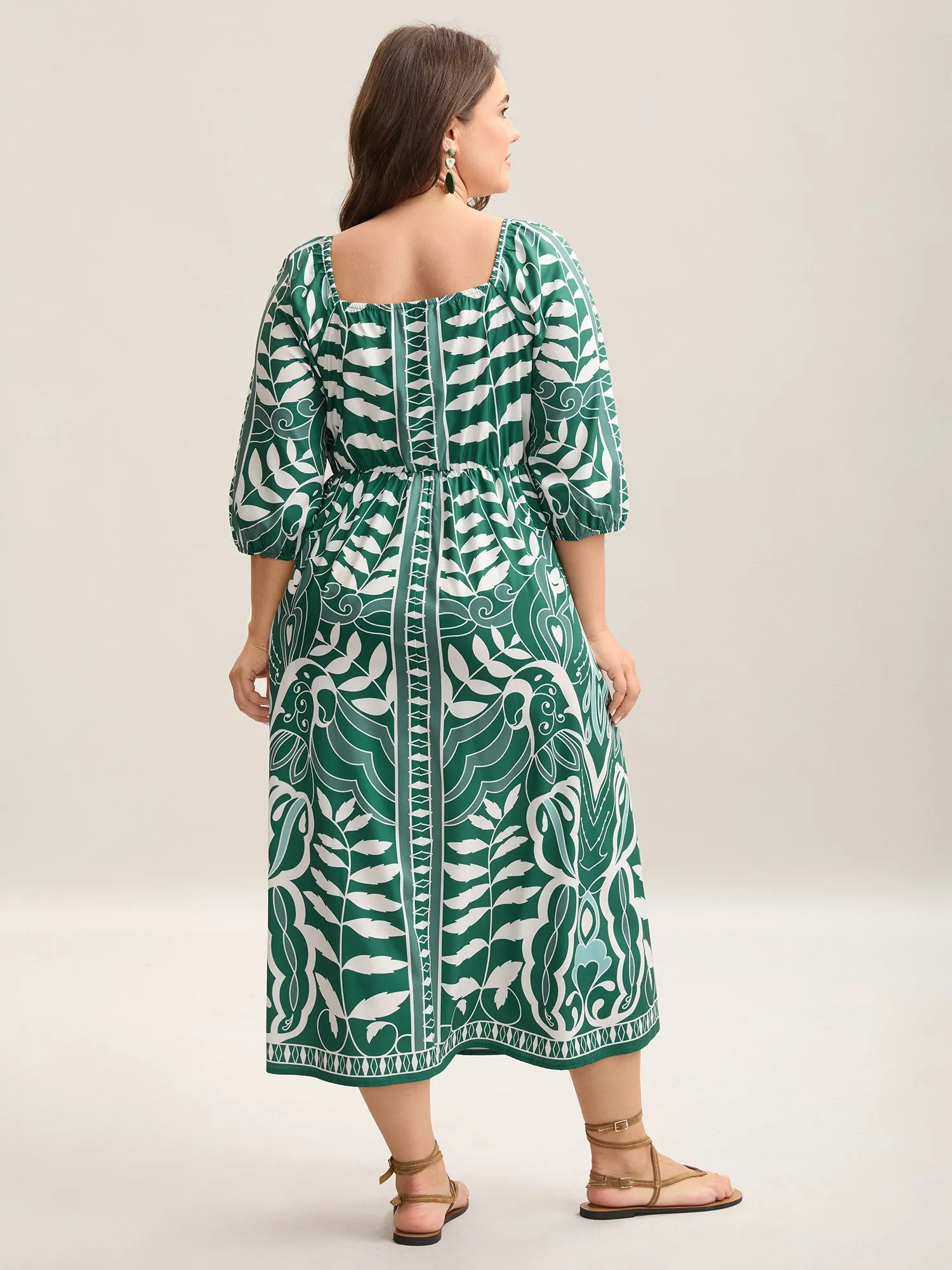 Leafy Print Puff Sleeve Pockets Midi Dress sold by Bloomchic product image thumbnail 4