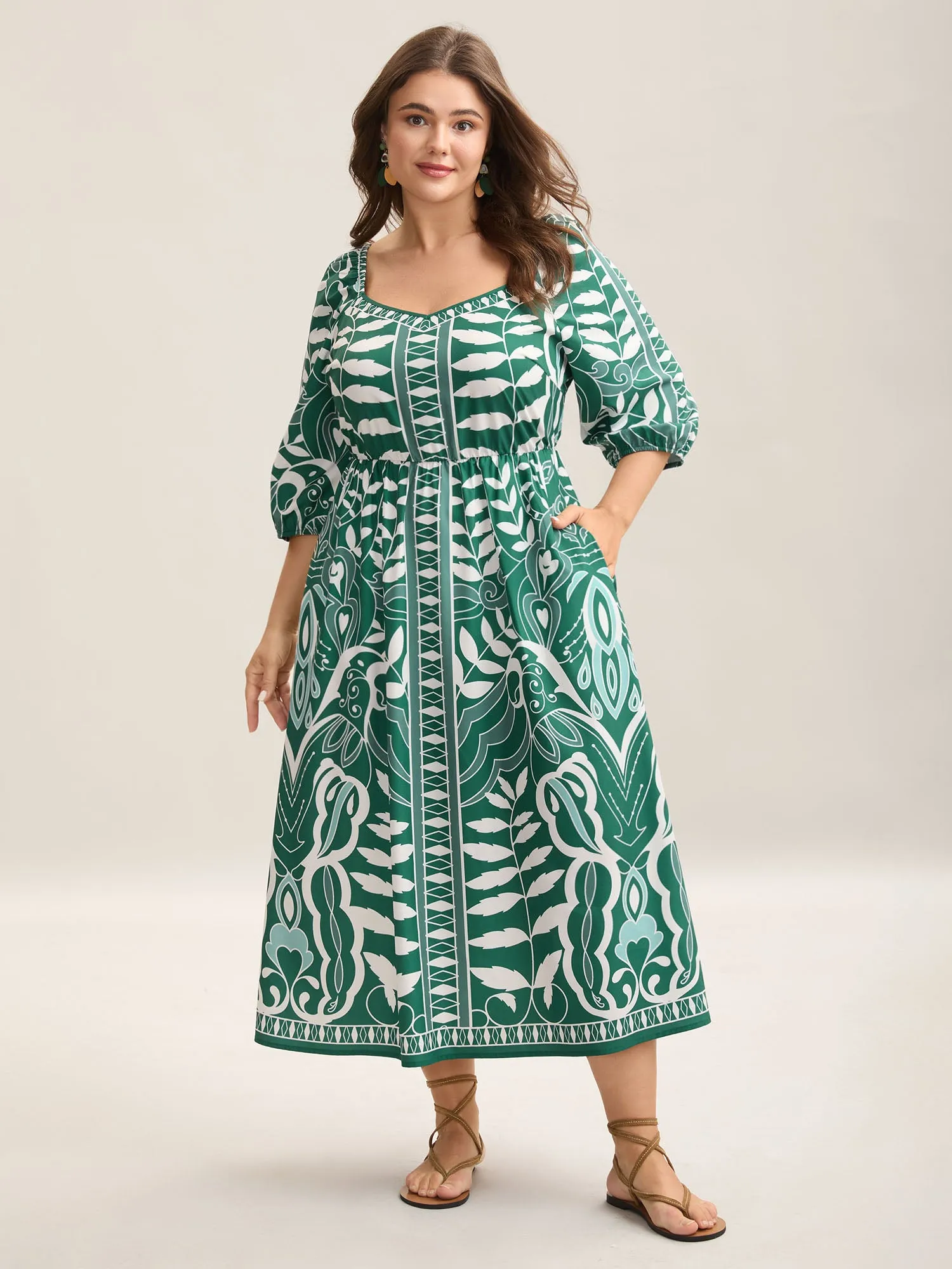 Leafy Print Puff Sleeve Pockets Midi Dress sold by Bloomchic product image thumbnail 3