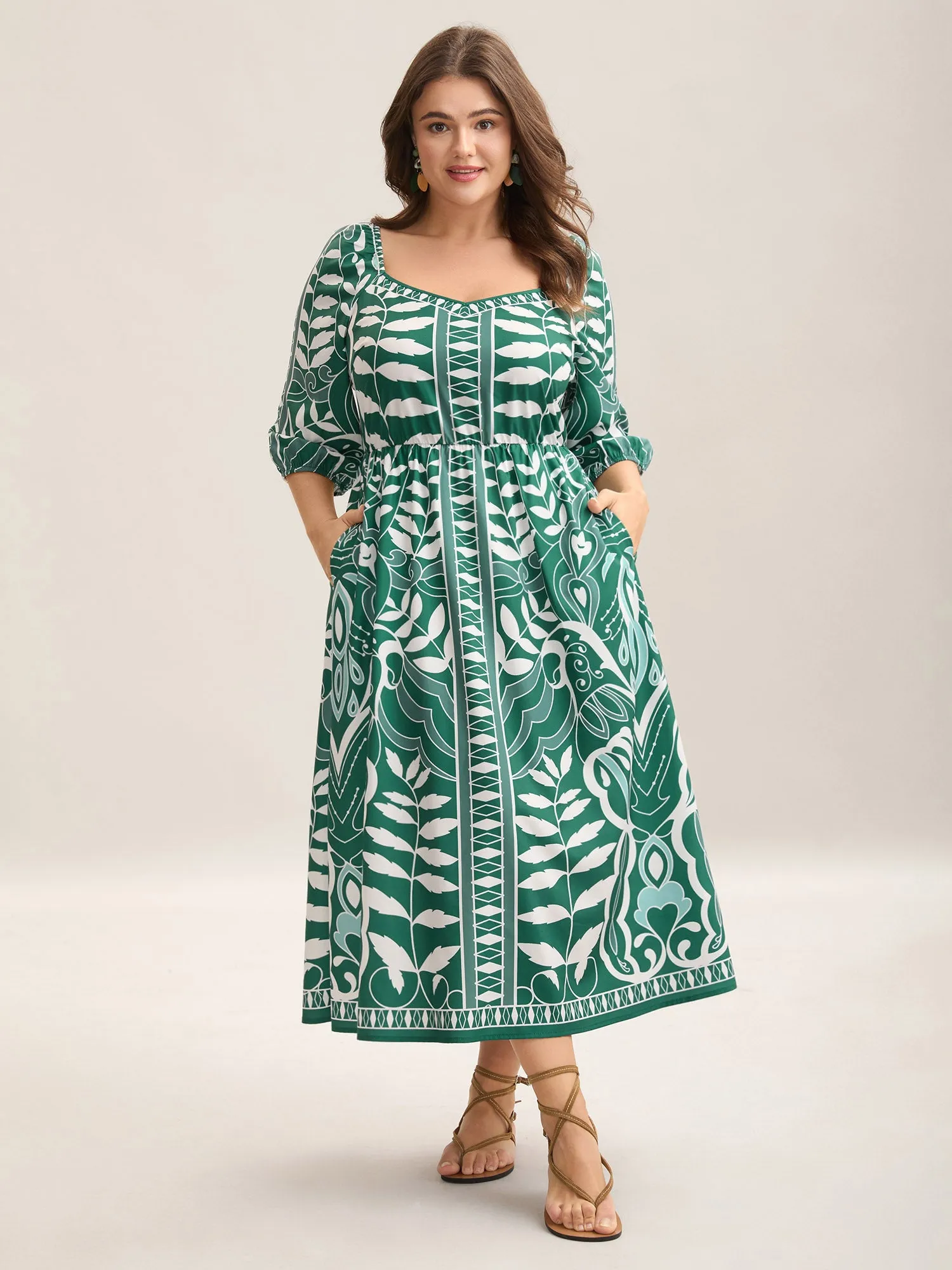 Leafy Print Puff Sleeve Pockets Midi Dress sold by Bloomchic
