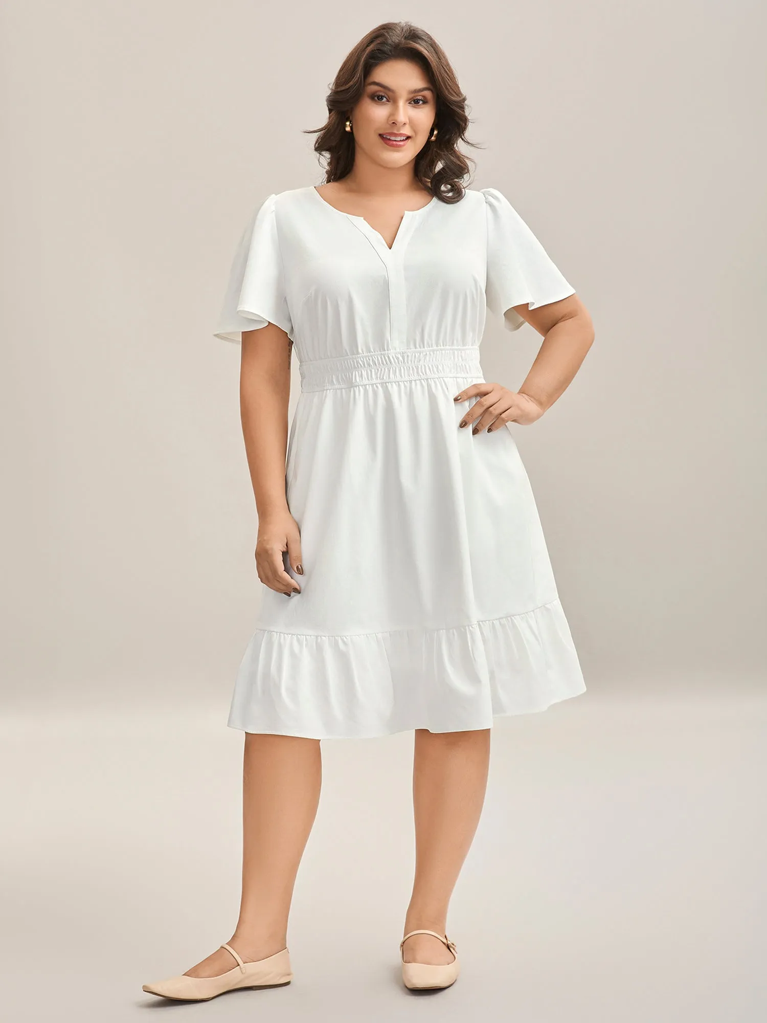 Woven Shirred Waist Split Neck Midi Dress sold by Bloomchic