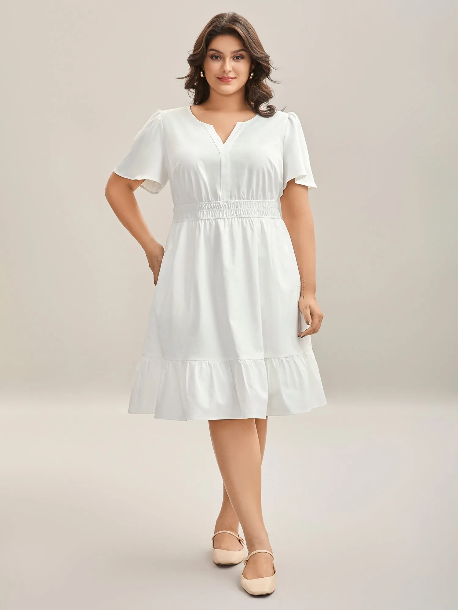 Woven Shirred Waist Split Neck Midi Dress sold by Bloomchic product image thumbnail 3