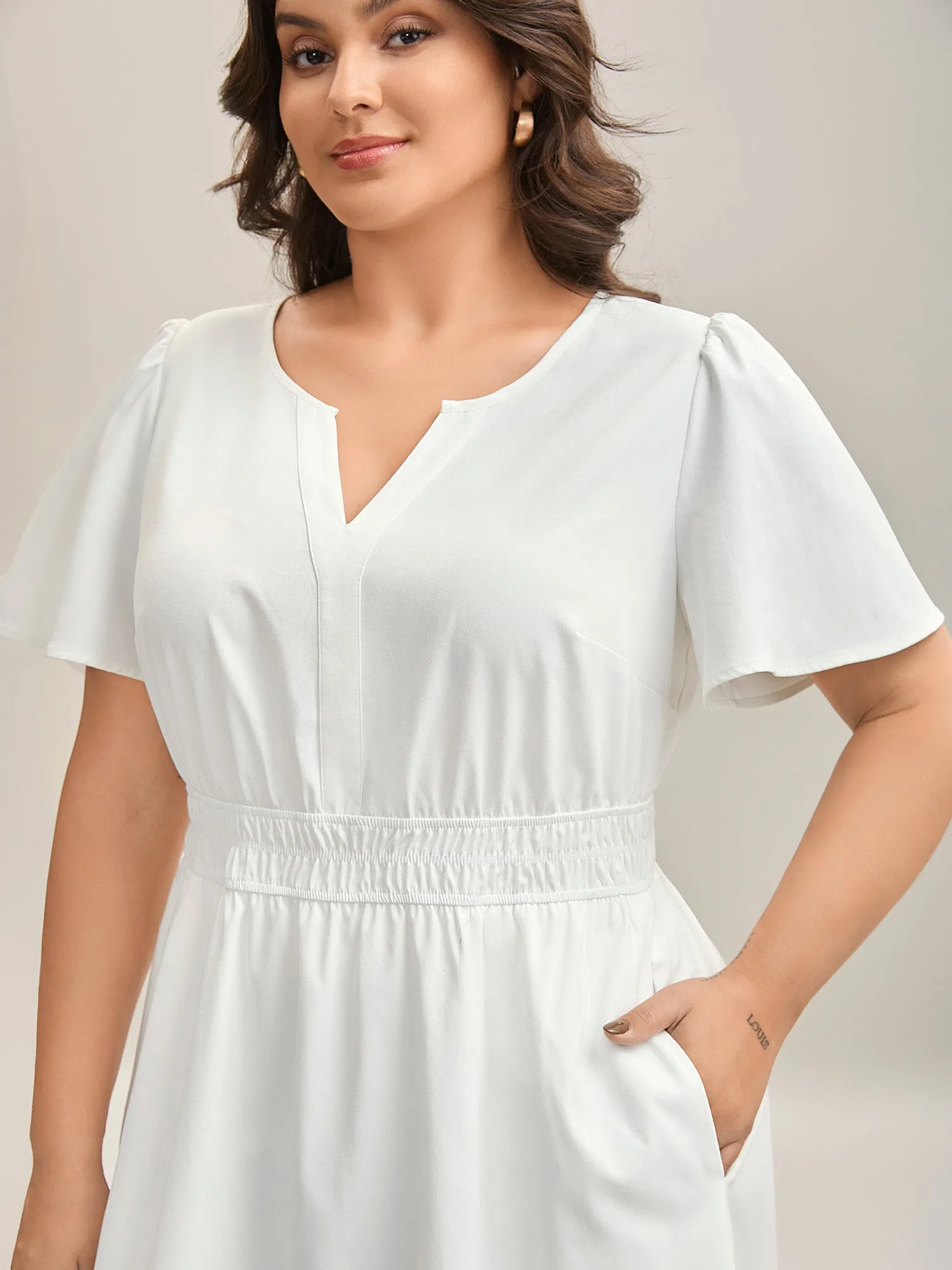 Woven Shirred Waist Split Neck Midi Dress sold by Bloomchic product image thumbnail 2