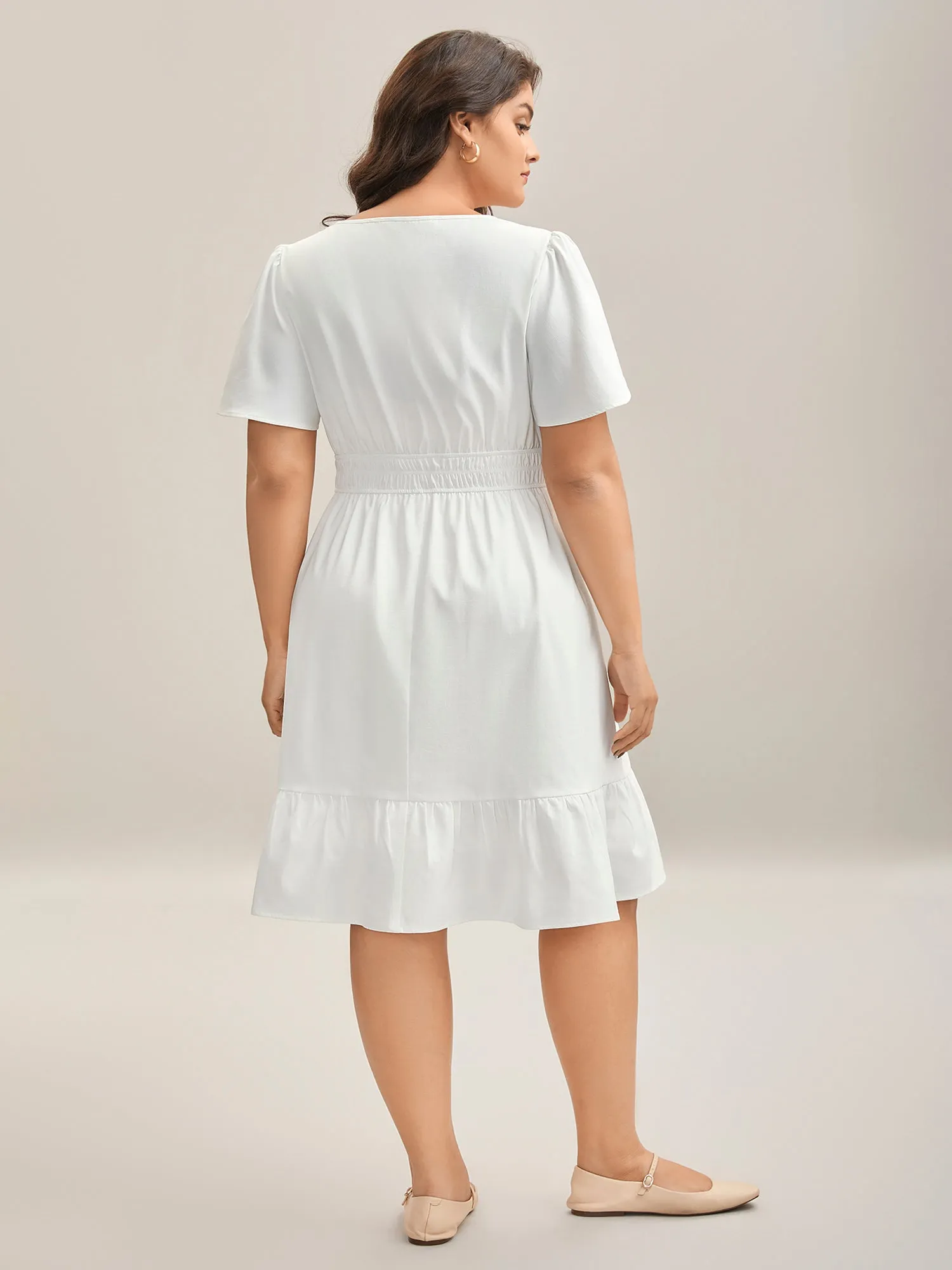 Woven Shirred Waist Split Neck Midi Dress sold by Bloomchic product image thumbnail 4