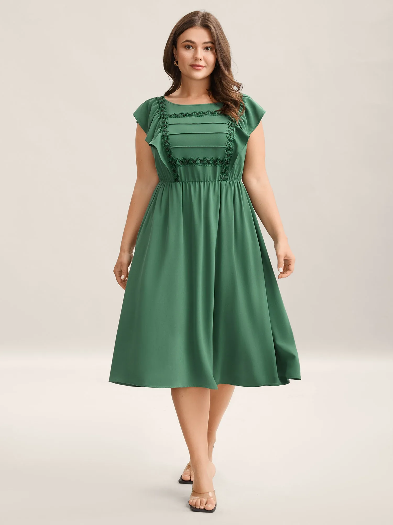 Lace Trim Pleated Ruffled Sleeve Midi Dress sold by Bloomchic