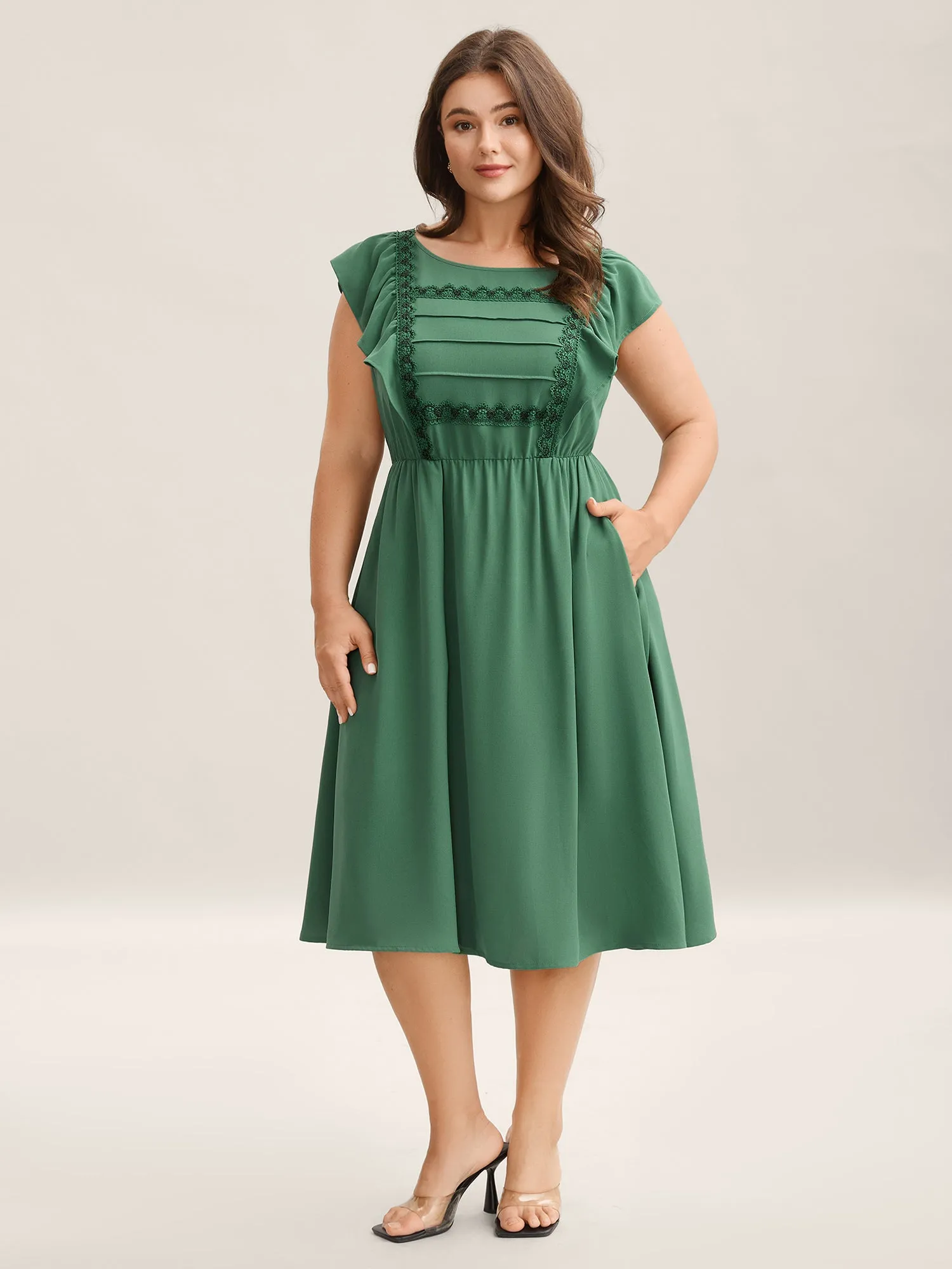 Lace Trim Pleated Ruffled Sleeve Midi Dress sold by Bloomchic product image thumbnail 3