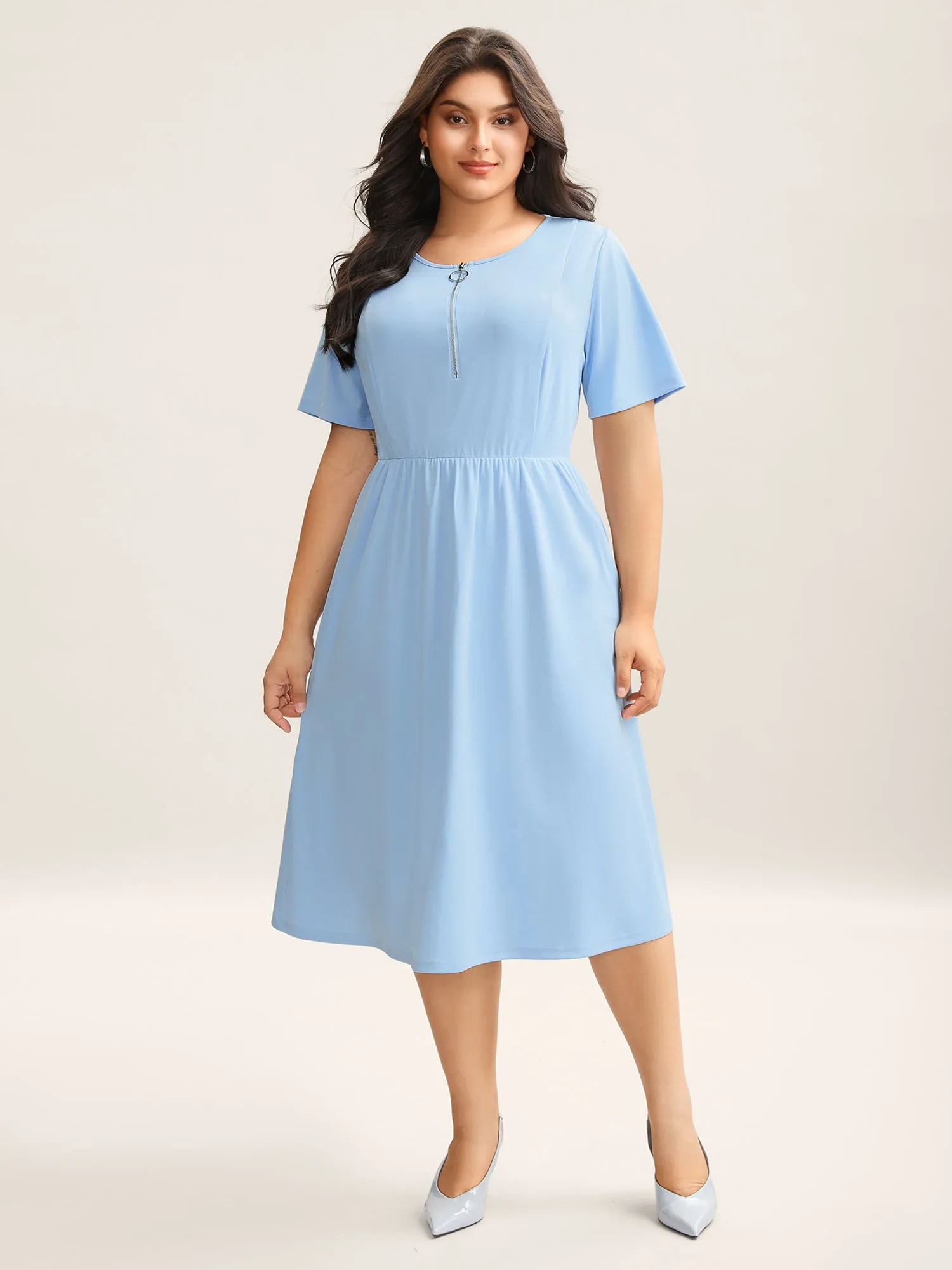 Zipper Stretchy Cinched-Waist Pockets Midi Dress sold by Bloomchic product image thumbnail 3