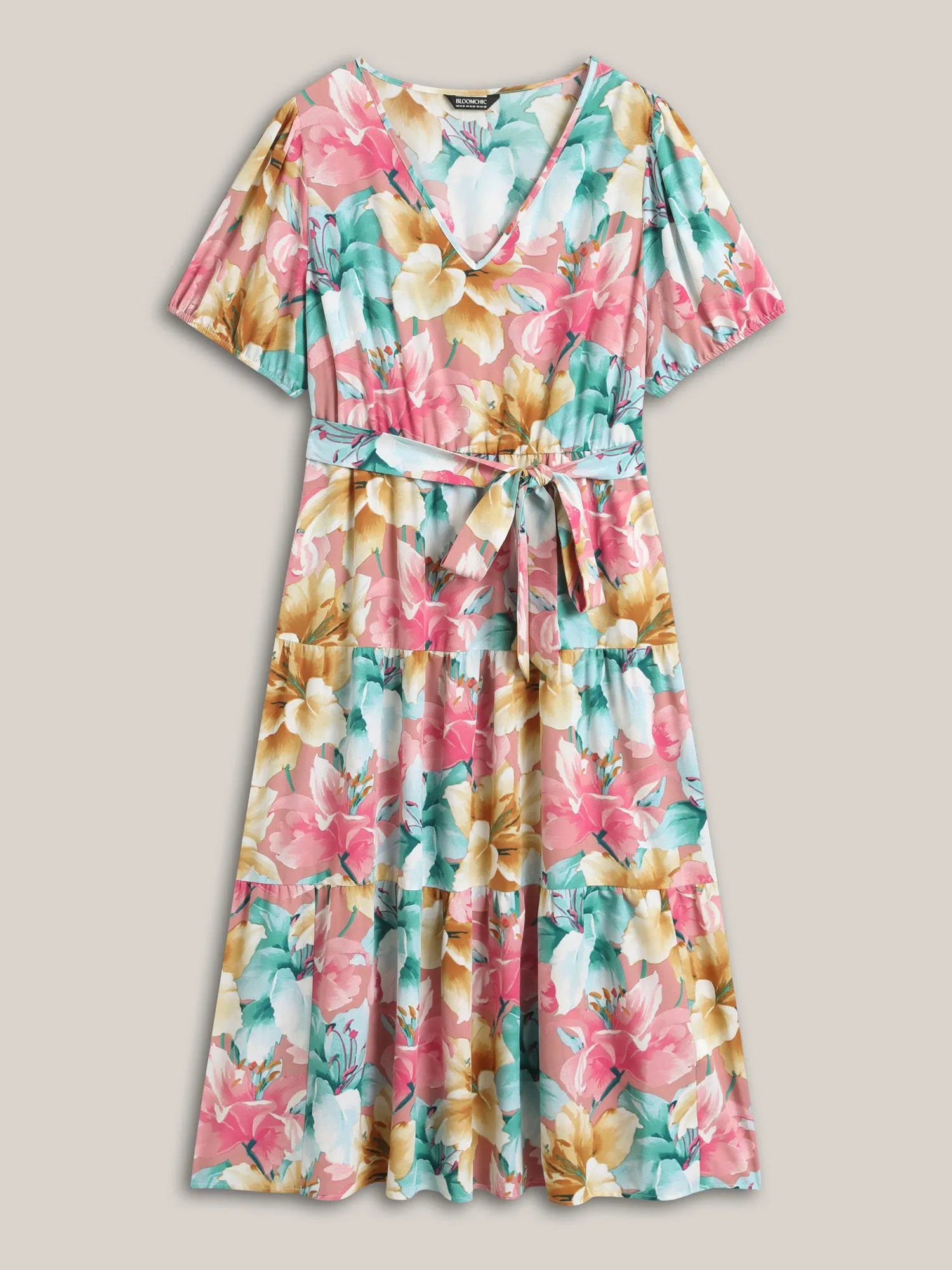 Colorful Floral Stretchy Waist Belted Dress sold by Bloomchic product image thumbnail 5