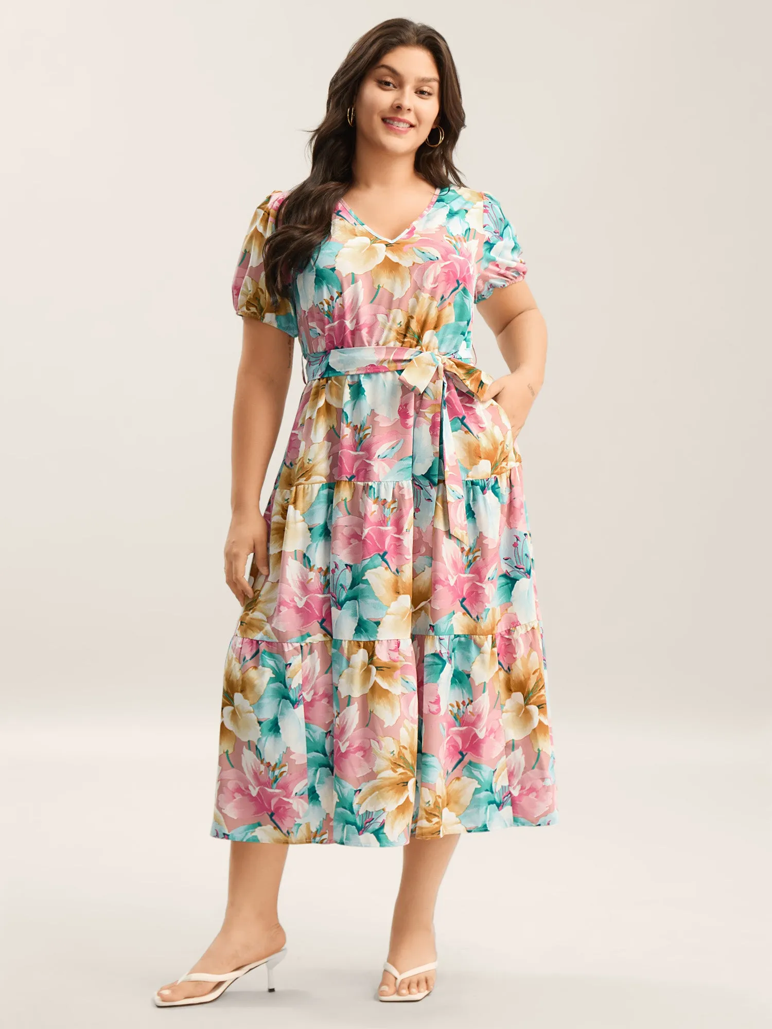 Colorful Floral Stretchy Waist Belted Dress sold by Bloomchic product image thumbnail 3