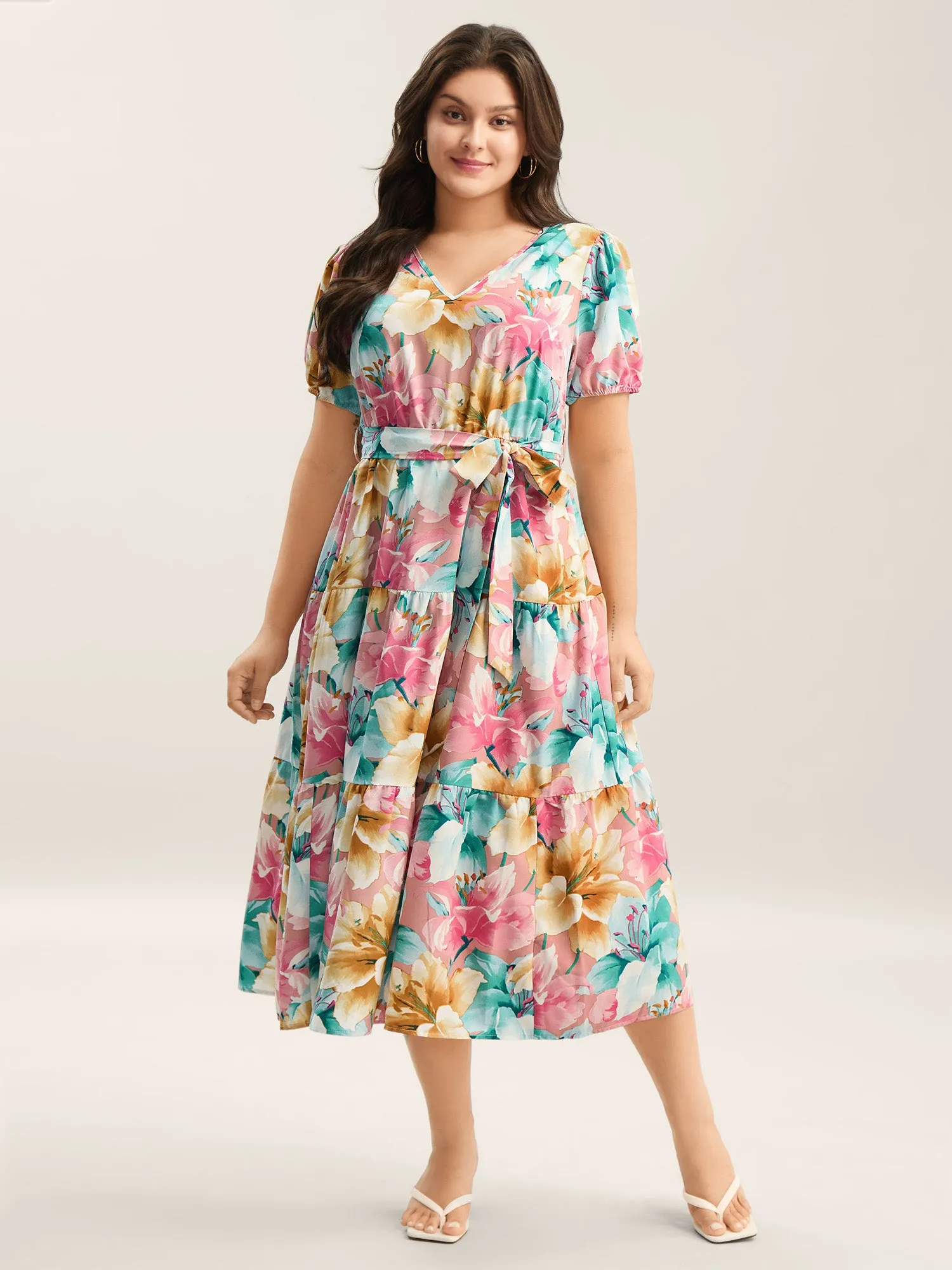 Colorful Floral Stretchy Waist Belted Dress sold by Bloomchic product image thumbnail 2
