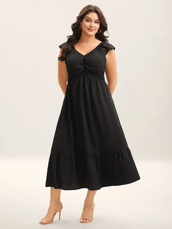 Ruched Pleated Plain Flutter Sleeve Maxi Dress sold by Bloomchic