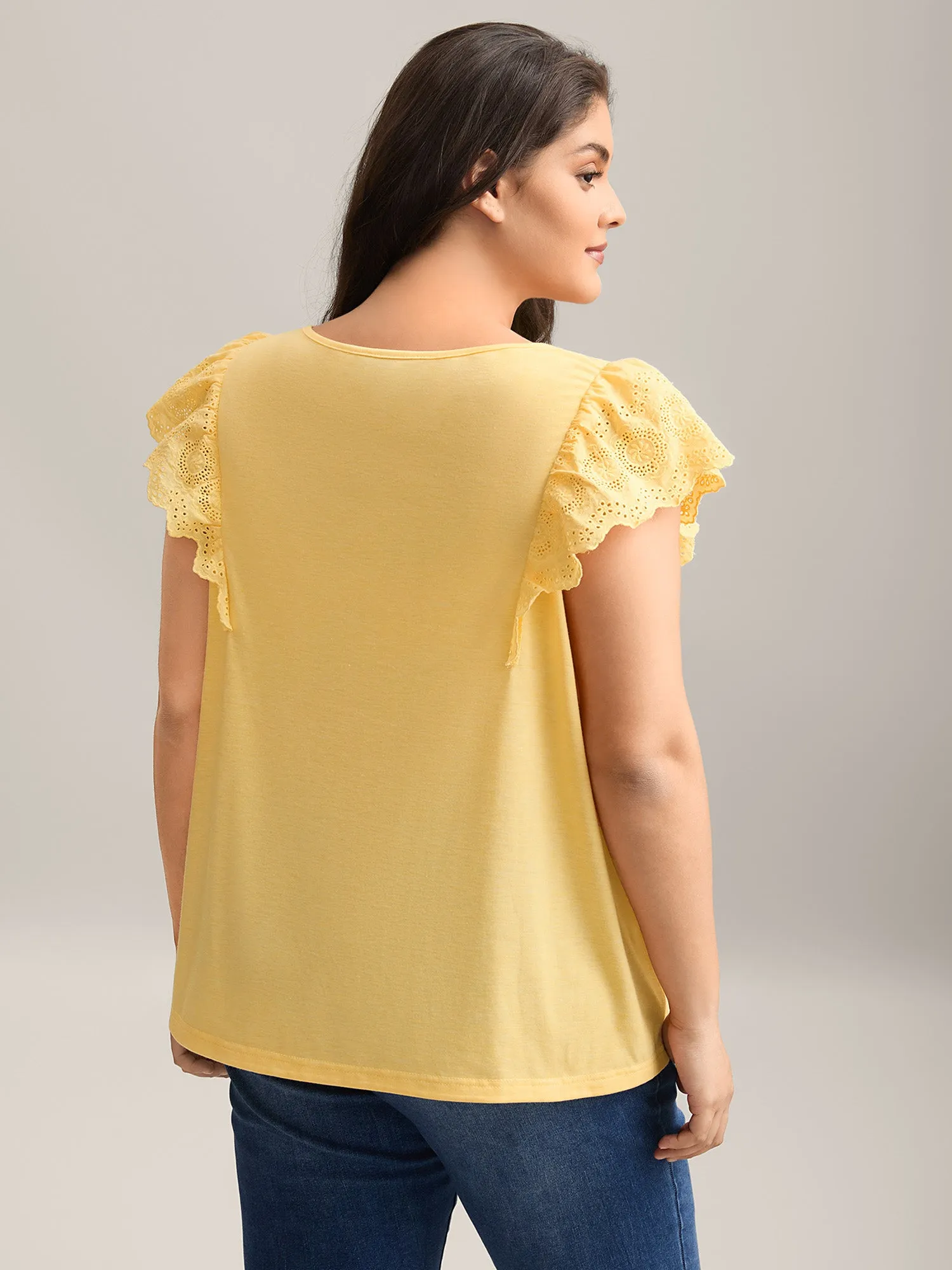 Eyelet Trim Plain Flutter Sleeve Top sold by Bloomchic product image thumbnail 4