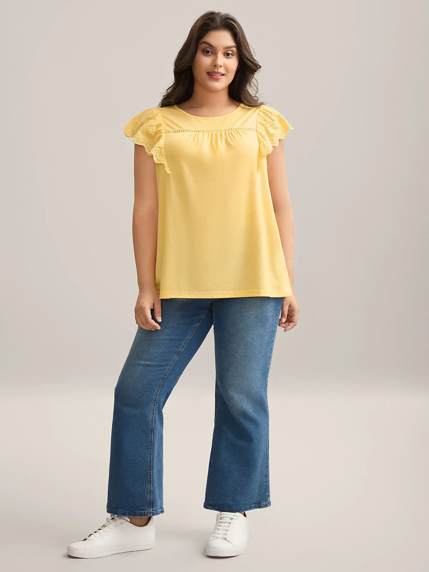 Eyelet Trim Plain Flutter Sleeve Top sold by Bloomchic product image thumbnail 3