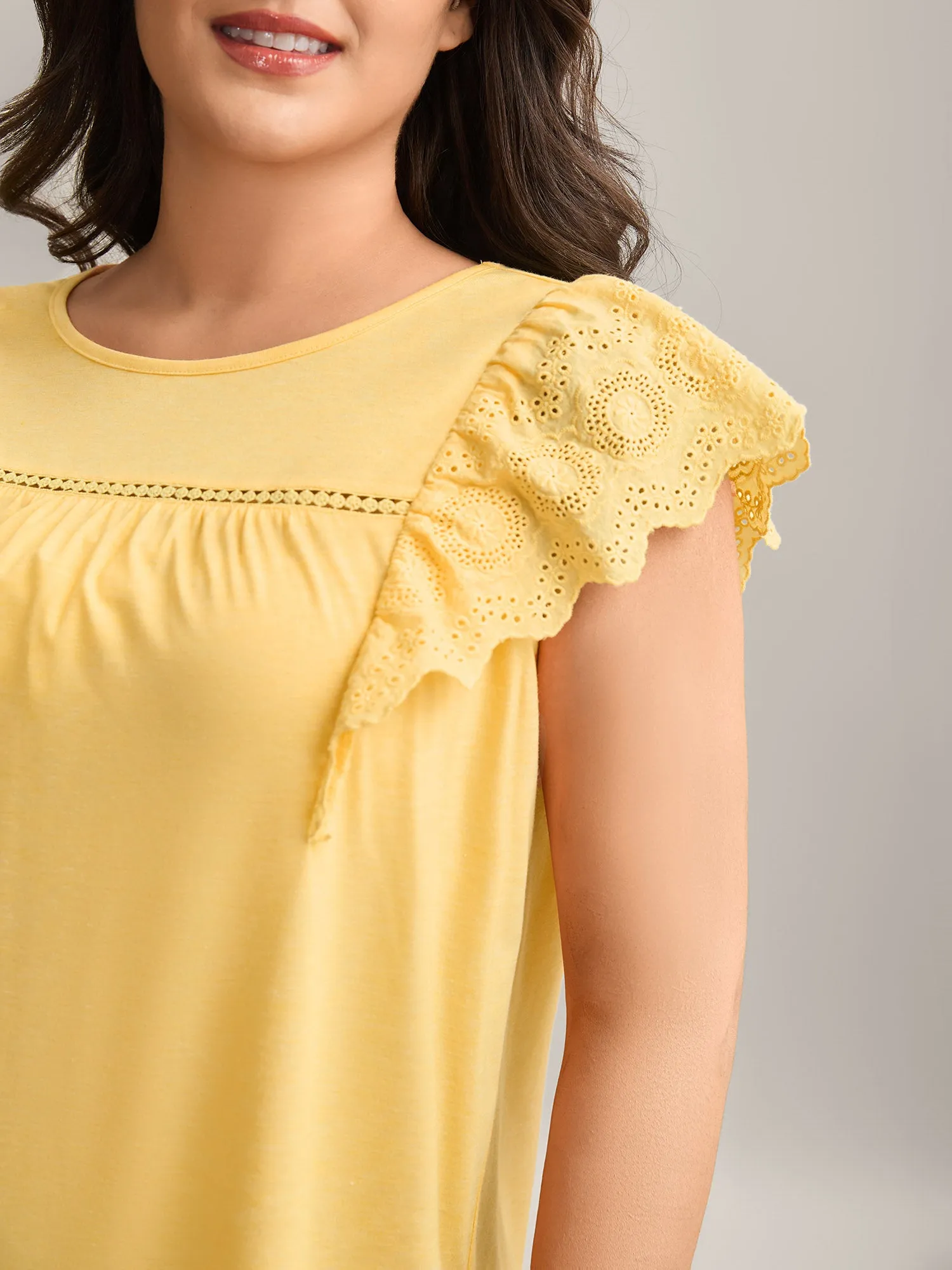 Eyelet Trim Plain Flutter Sleeve Top sold by Bloomchic product image thumbnail 2