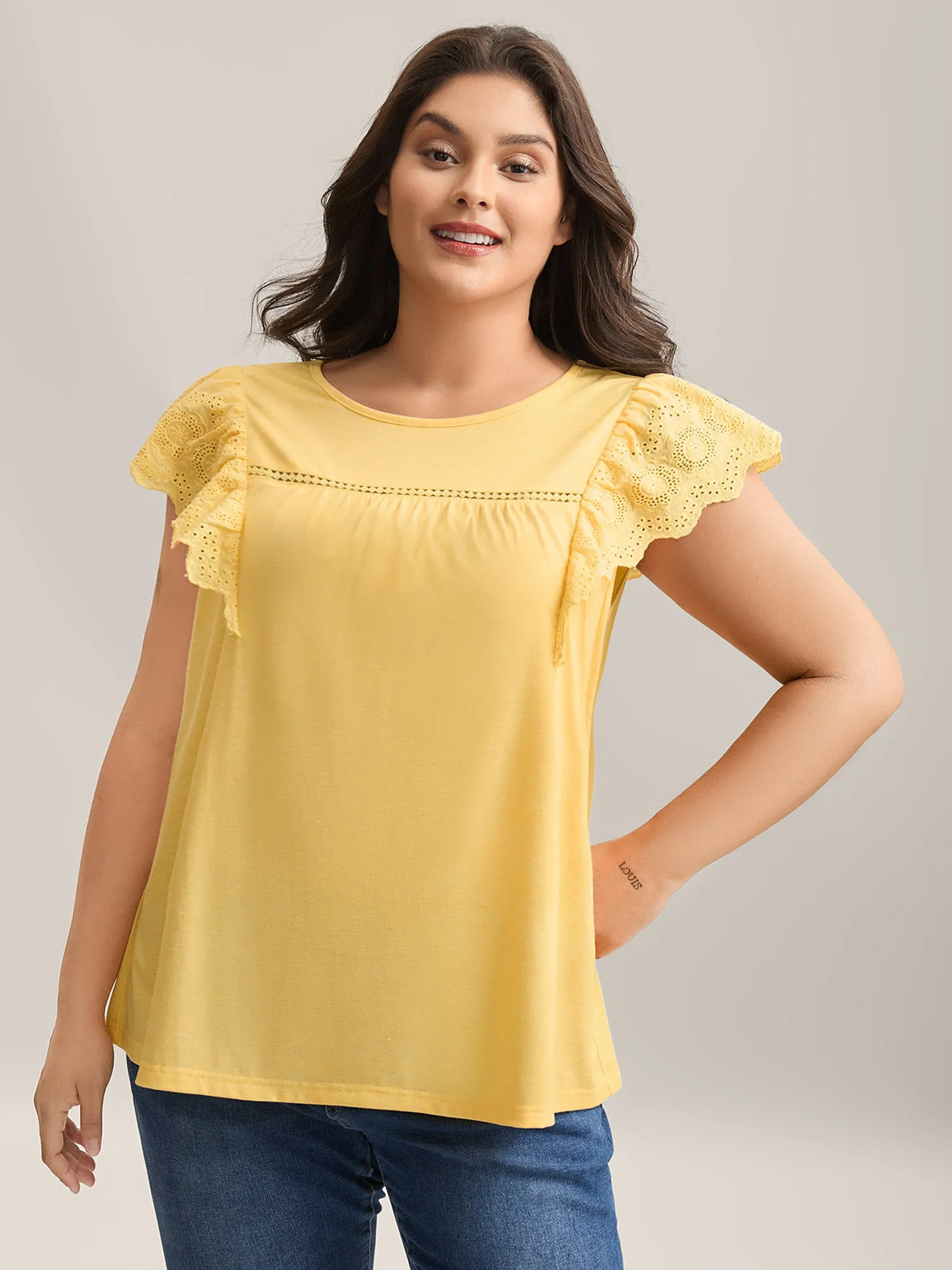 Eyelet Trim Plain Flutter Sleeve Top sold by Bloomchic