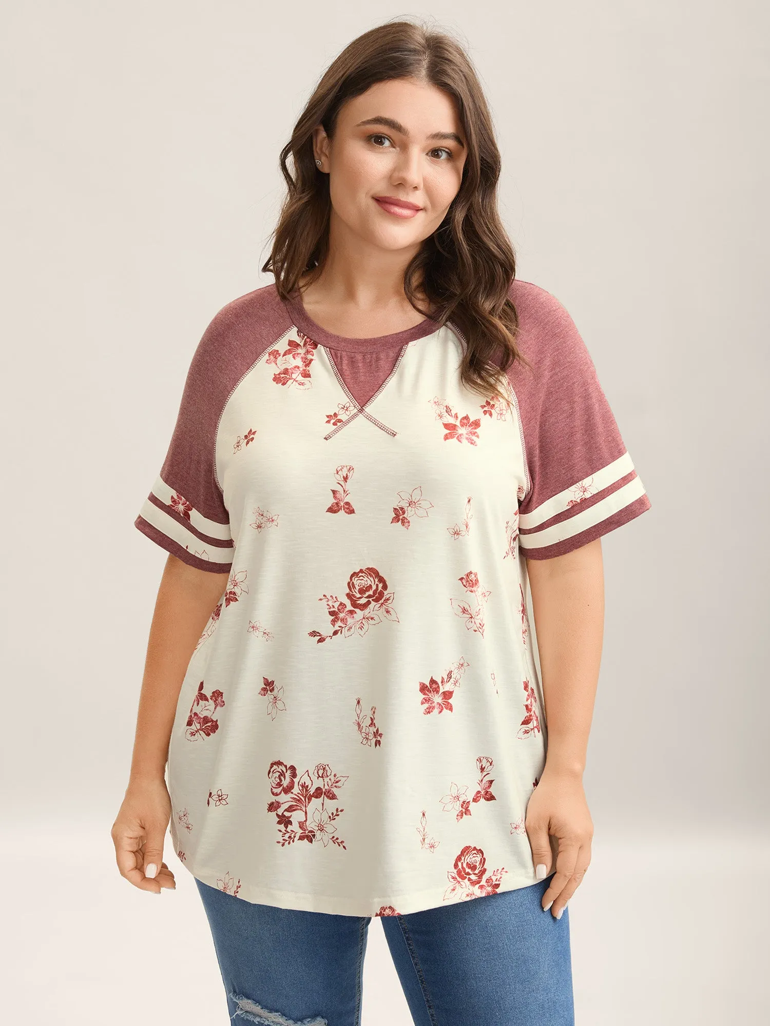 Bamboo Stretchy Color Contrast Printed T-Shirt sold by Bloomchic