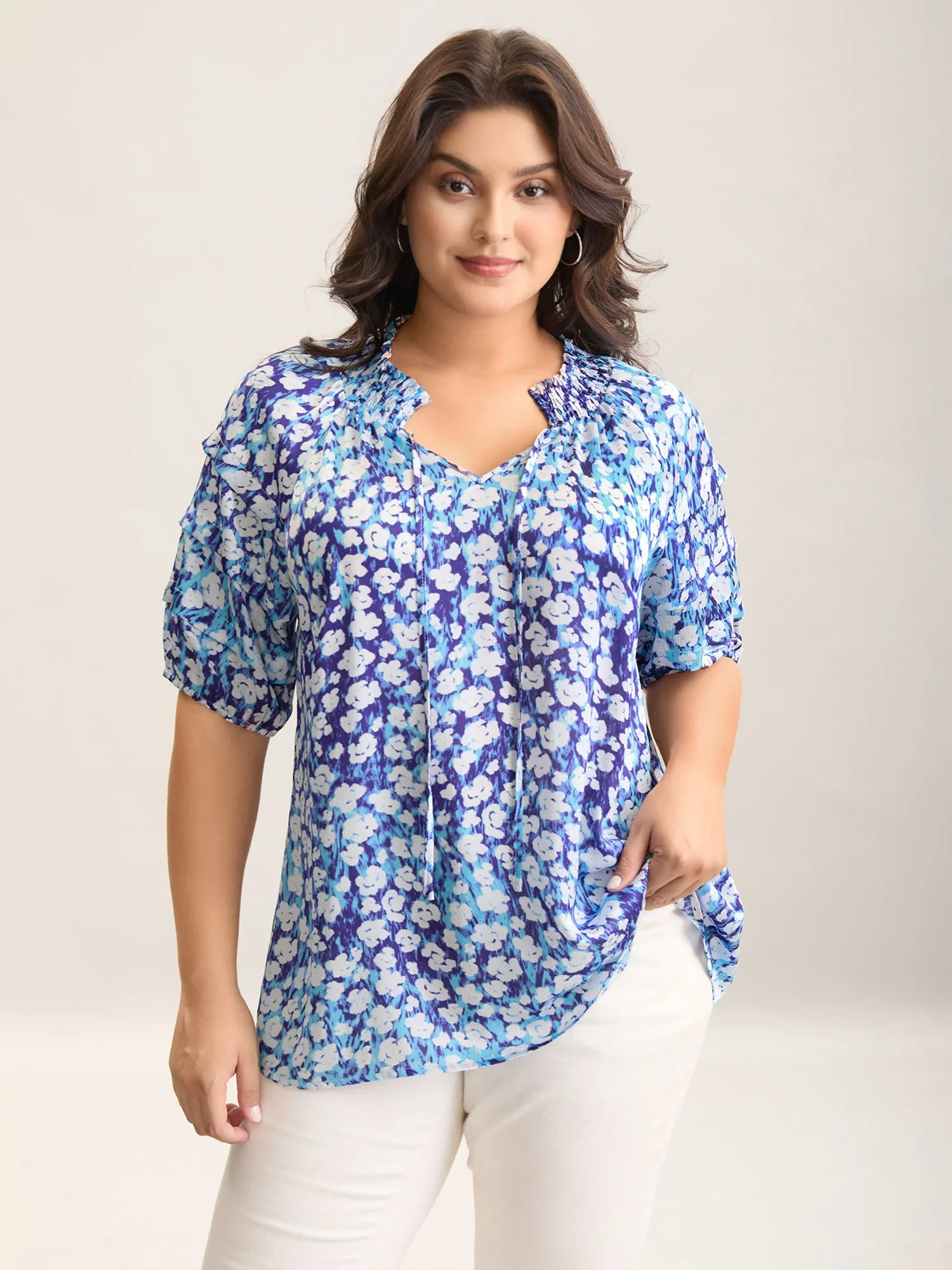 Cloud Print Shirred Collar Tiered Sleeve Blouse sold by Bloomchic