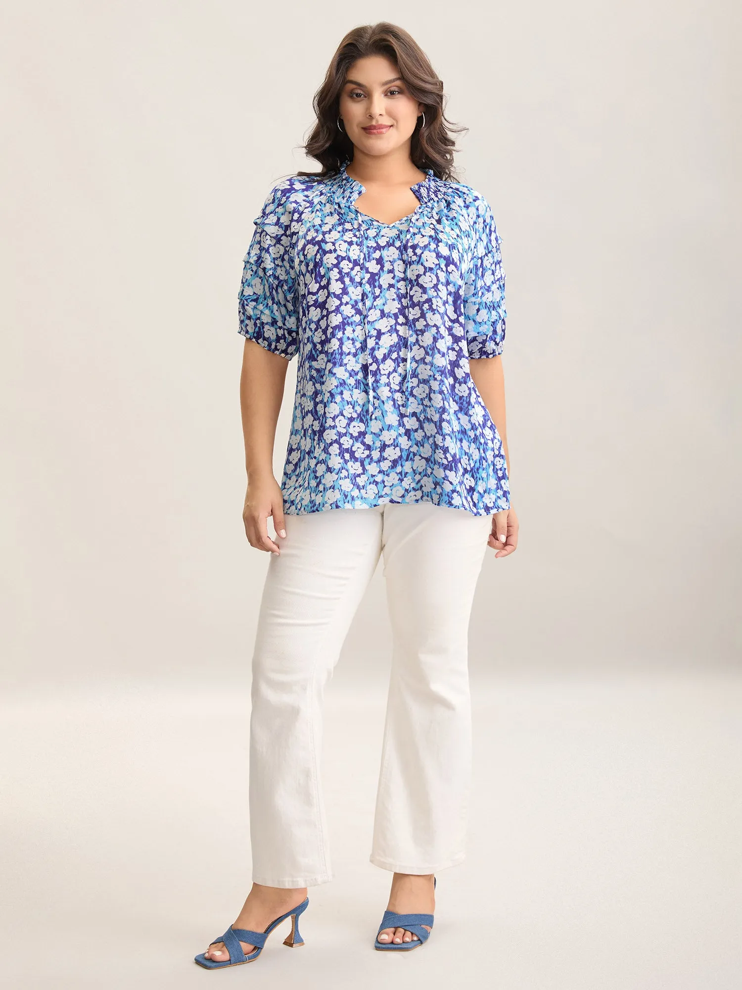 Cloud Print Shirred Collar Tiered Sleeve Blouse sold by Bloomchic product image thumbnail 3