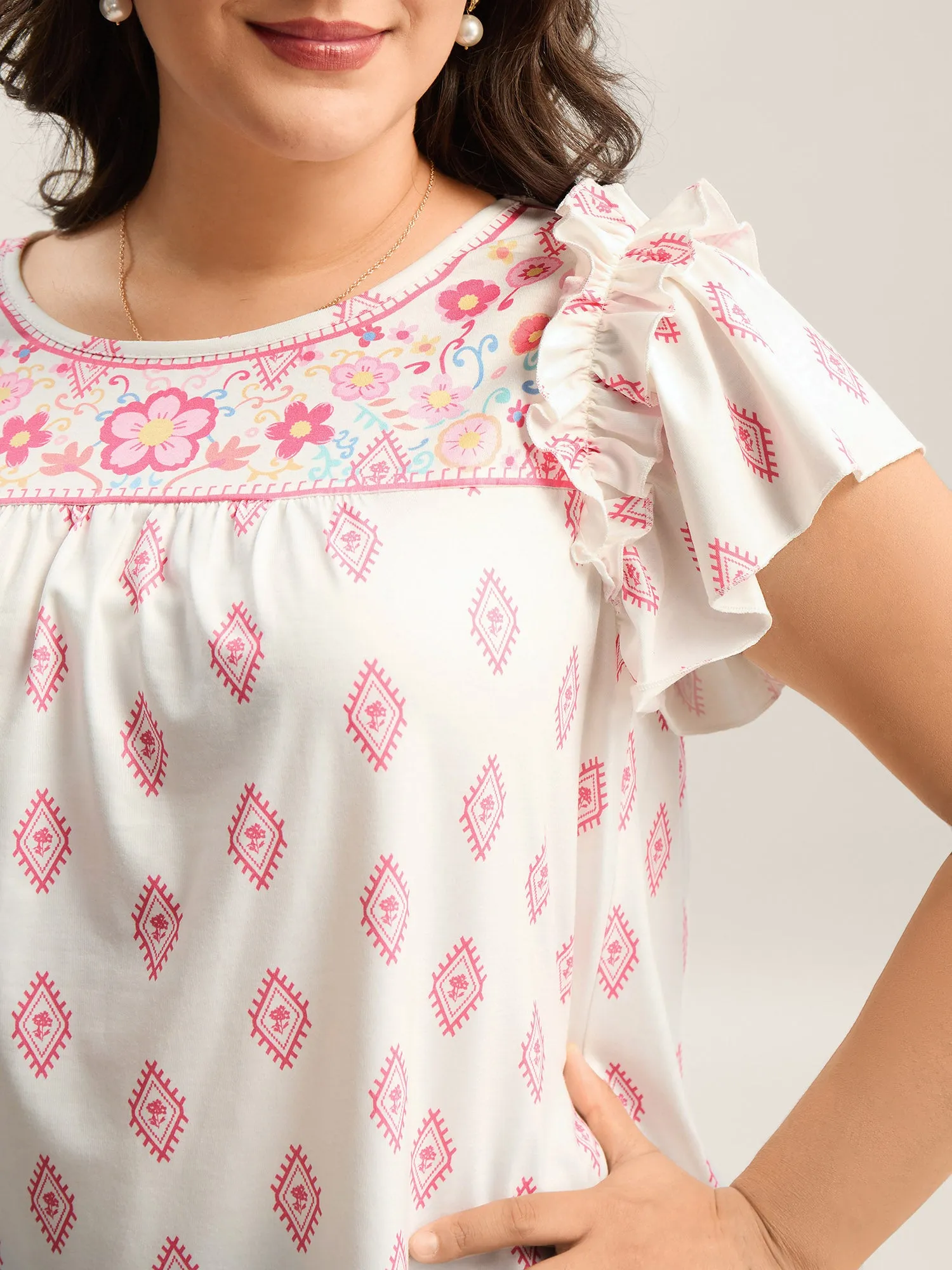 Boho Print Ruffled Sleeve Sheer Top sold by Bloomchic product image thumbnail 2