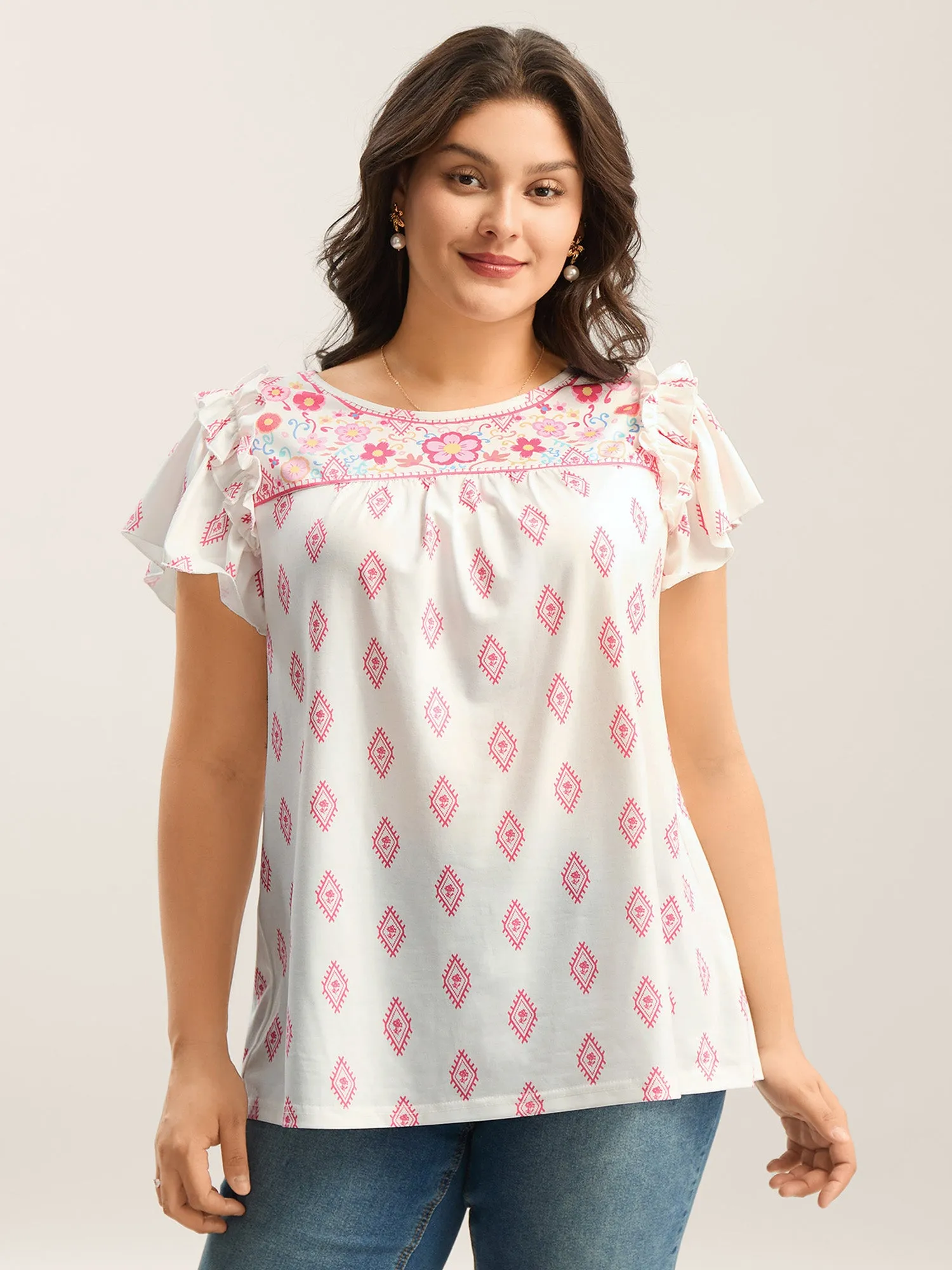 Boho Print Ruffled Sleeve Sheer Top sold by Bloomchic