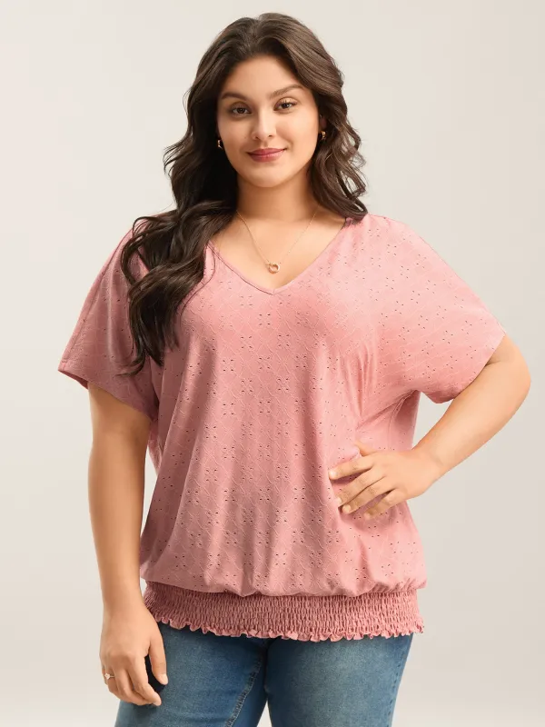 Eyelet Trim Flared Sleeve Shirred Hem Top sold by Bloomchic