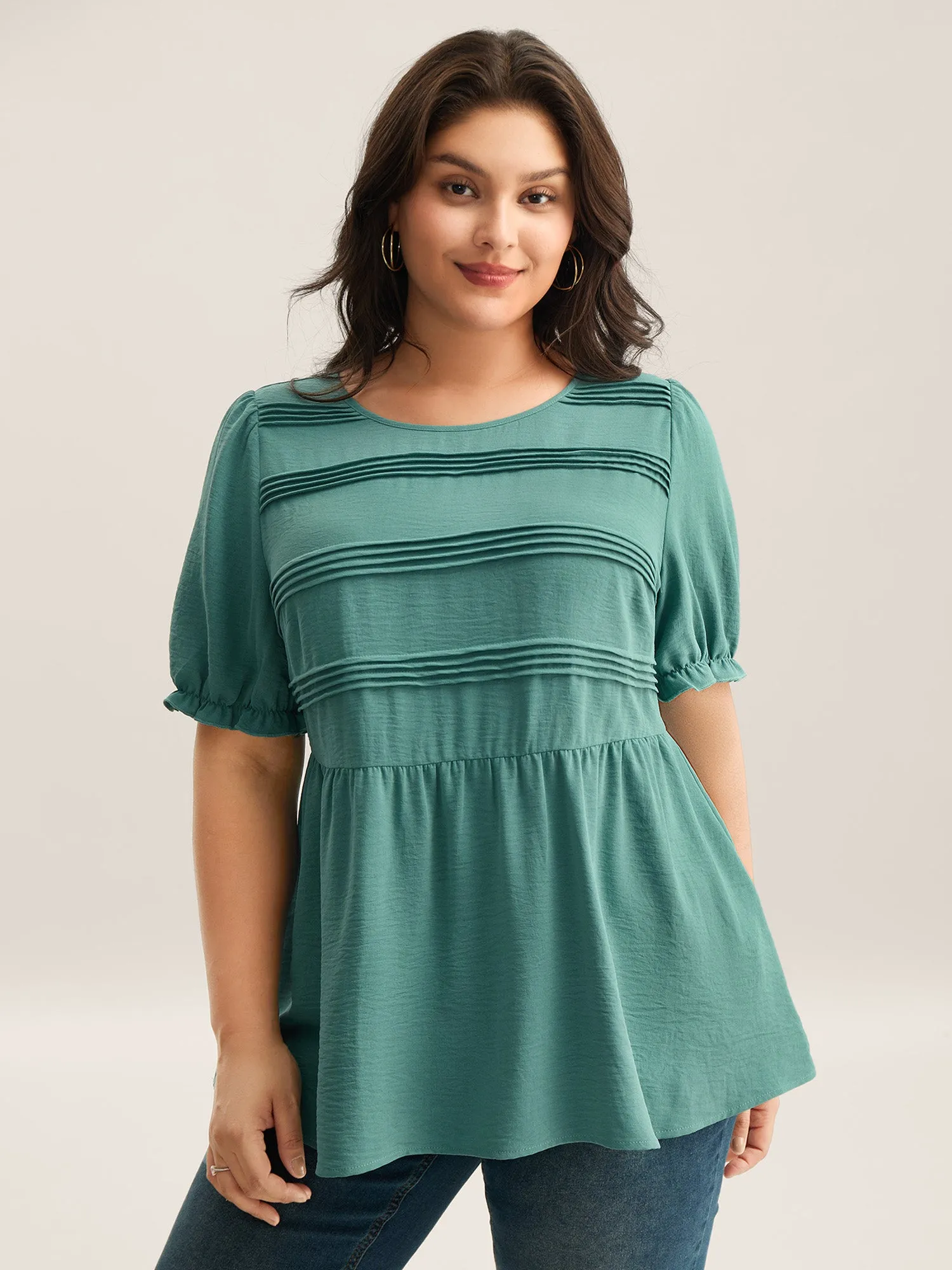 Pleated Bodice Puff Sleeve Plain Top sold by Bloomchic