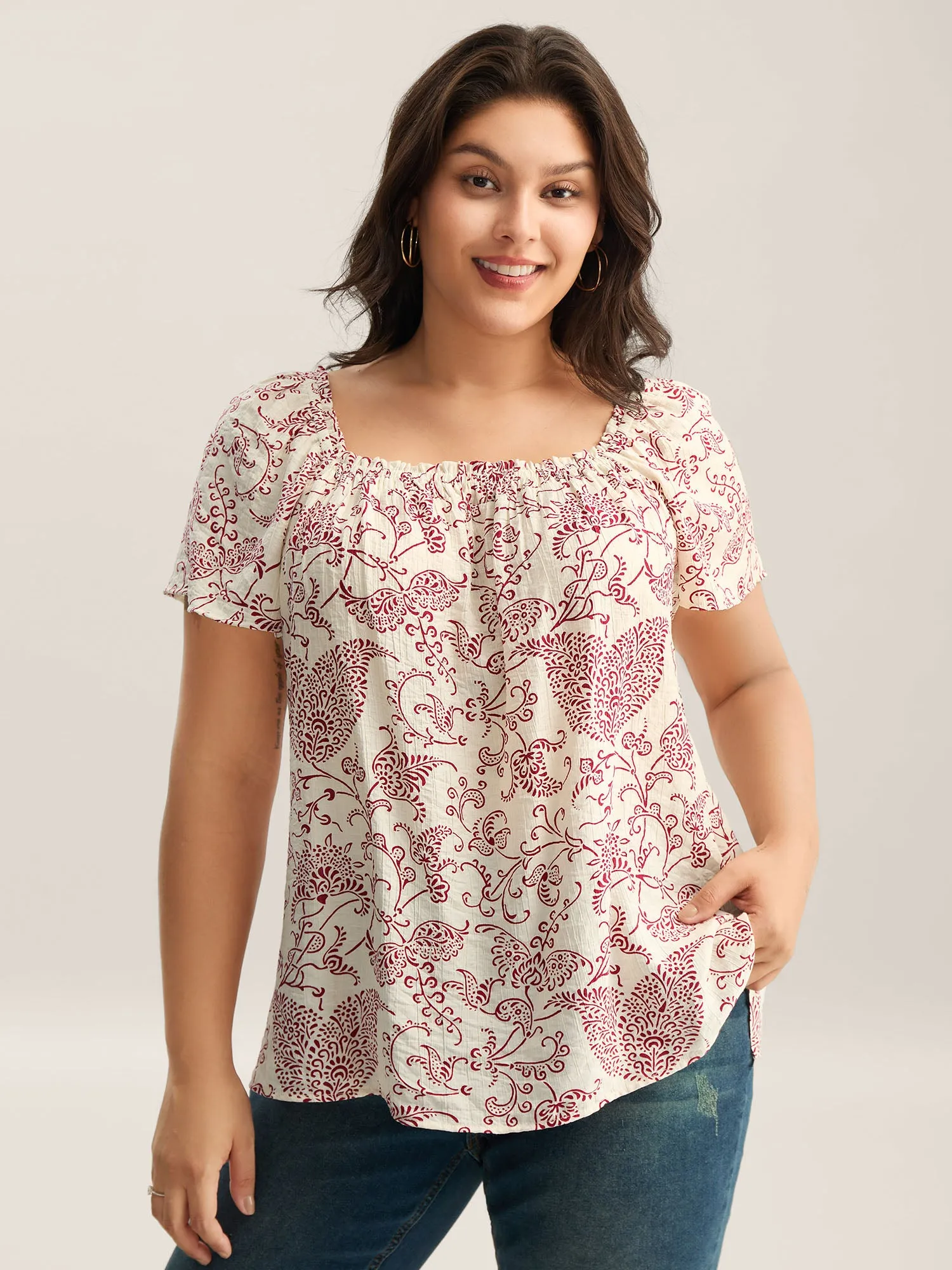 Floral Print Shirred Neck Flowy Blouse sold by Bloomchic product image thumbnail 2