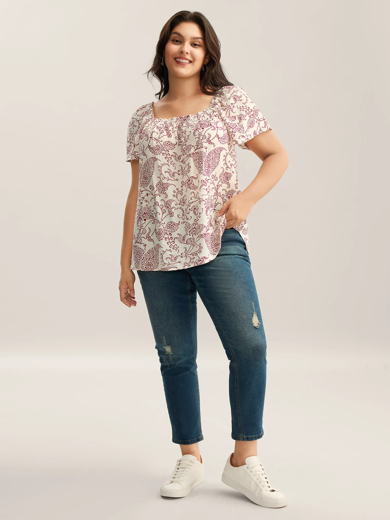 Floral Print Shirred Neck Flowy Blouse sold by Bloomchic product image thumbnail 3