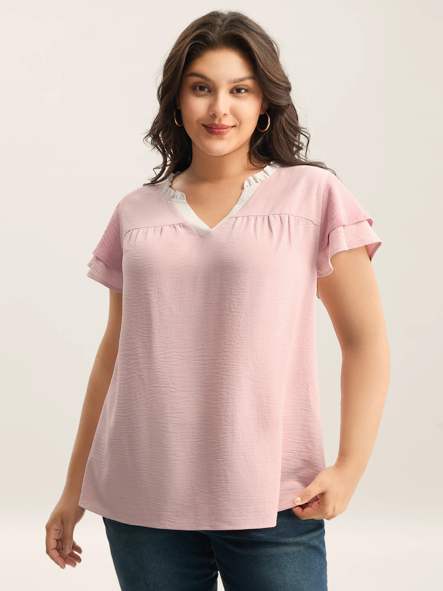 Color Contrast Ruffled Notched Collar Blouse sold by Bloomchic product image thumbnail 2