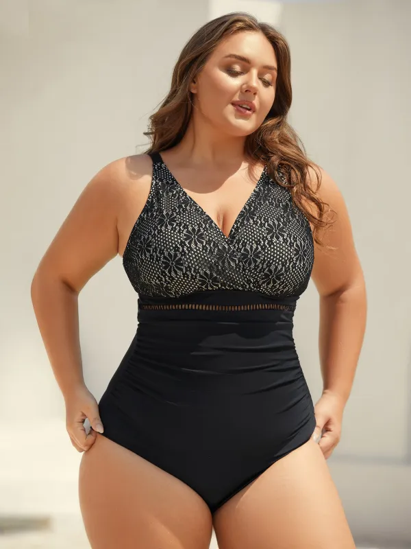 Ribbon Lace Trim One-Piece Swimsuit sold by Bloomchic