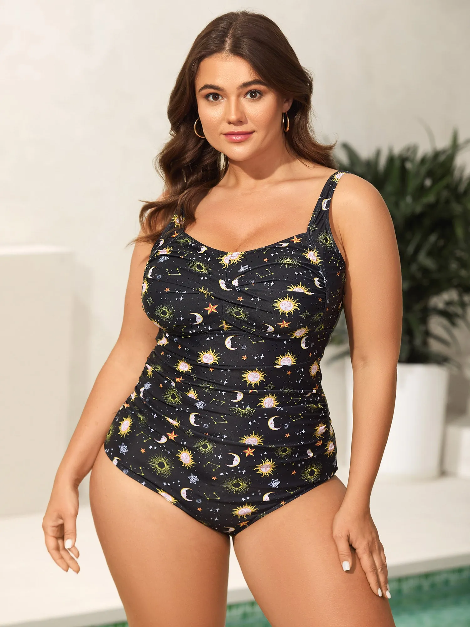 Celestial Print Ruched One-Piece Swimsuit sold by Bloomchic
