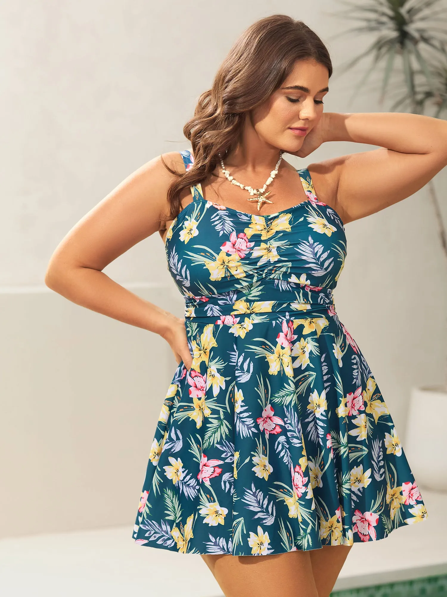 Tropical Floral Print Twist Front Swim Dress sold by Bloomchic