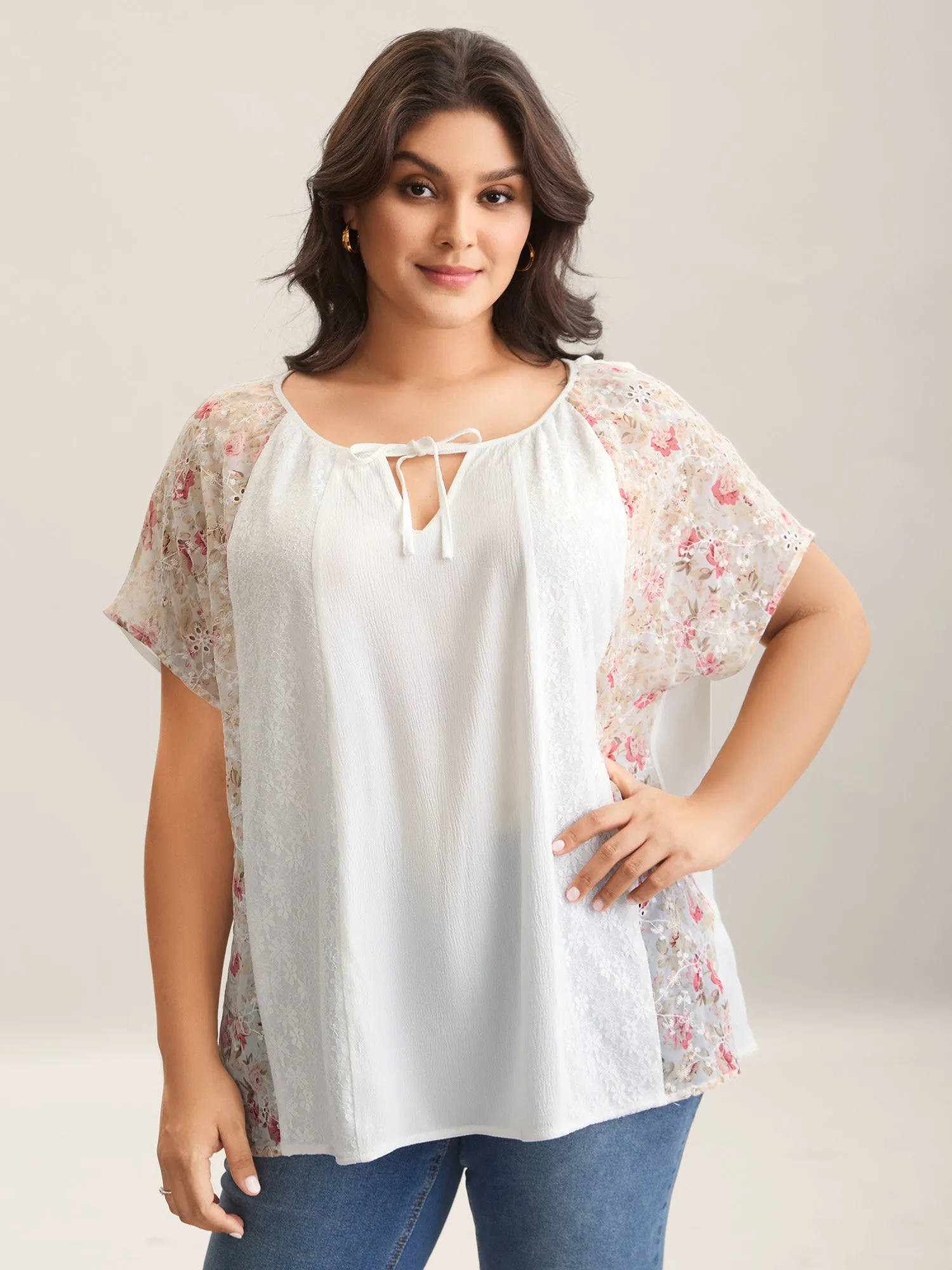 Floral Print Panel Sheer Keyhole Blouse sold by Bloomchic product image thumbnail 2