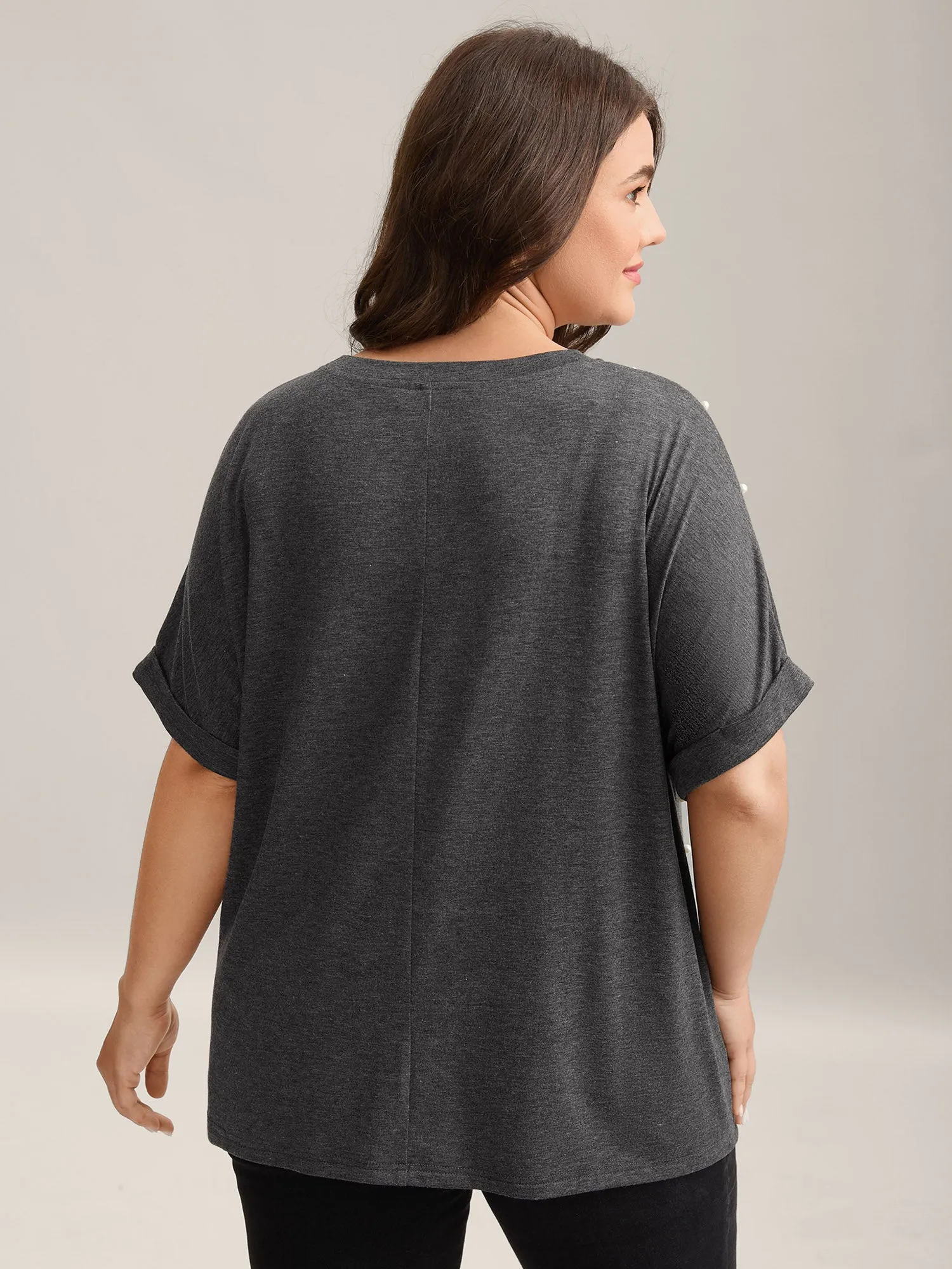 Pearl Beaded Shoulder Plain T-Shirt sold by Bloomchic product image thumbnail 4